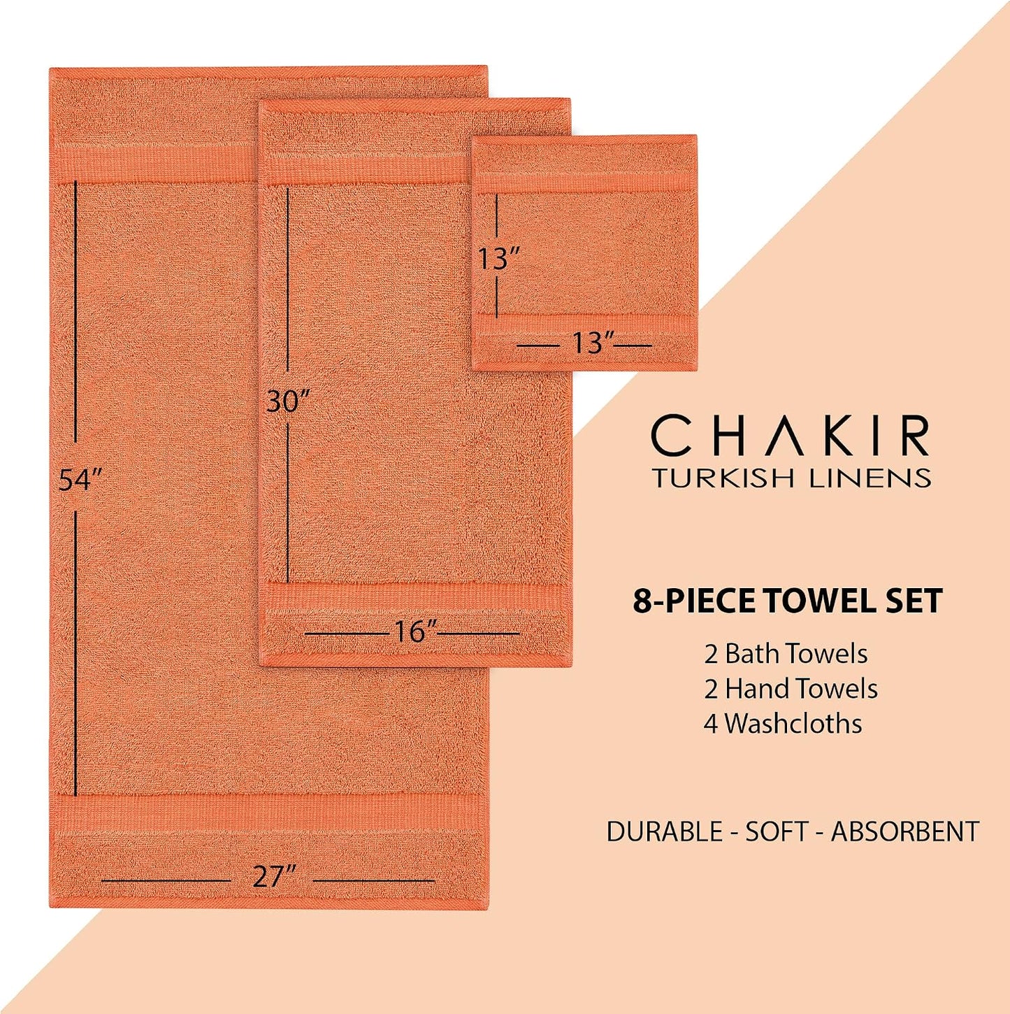 Chakir Turkish Linens 100% Cotton 8-Piece Towel Set, Coral | Premium Towel Set, Oeko-Tex Certified, Soft Plush