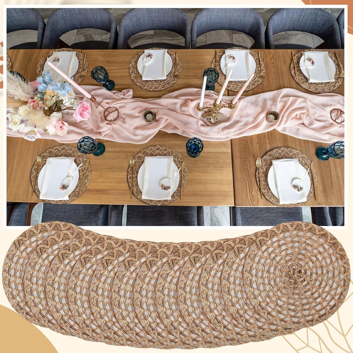12 Pcs 15 Inch Round Burlap Placemat Boho Jute Woven Charger Bulk Rustic Vintage Natural Brown Heat Resistant Dining