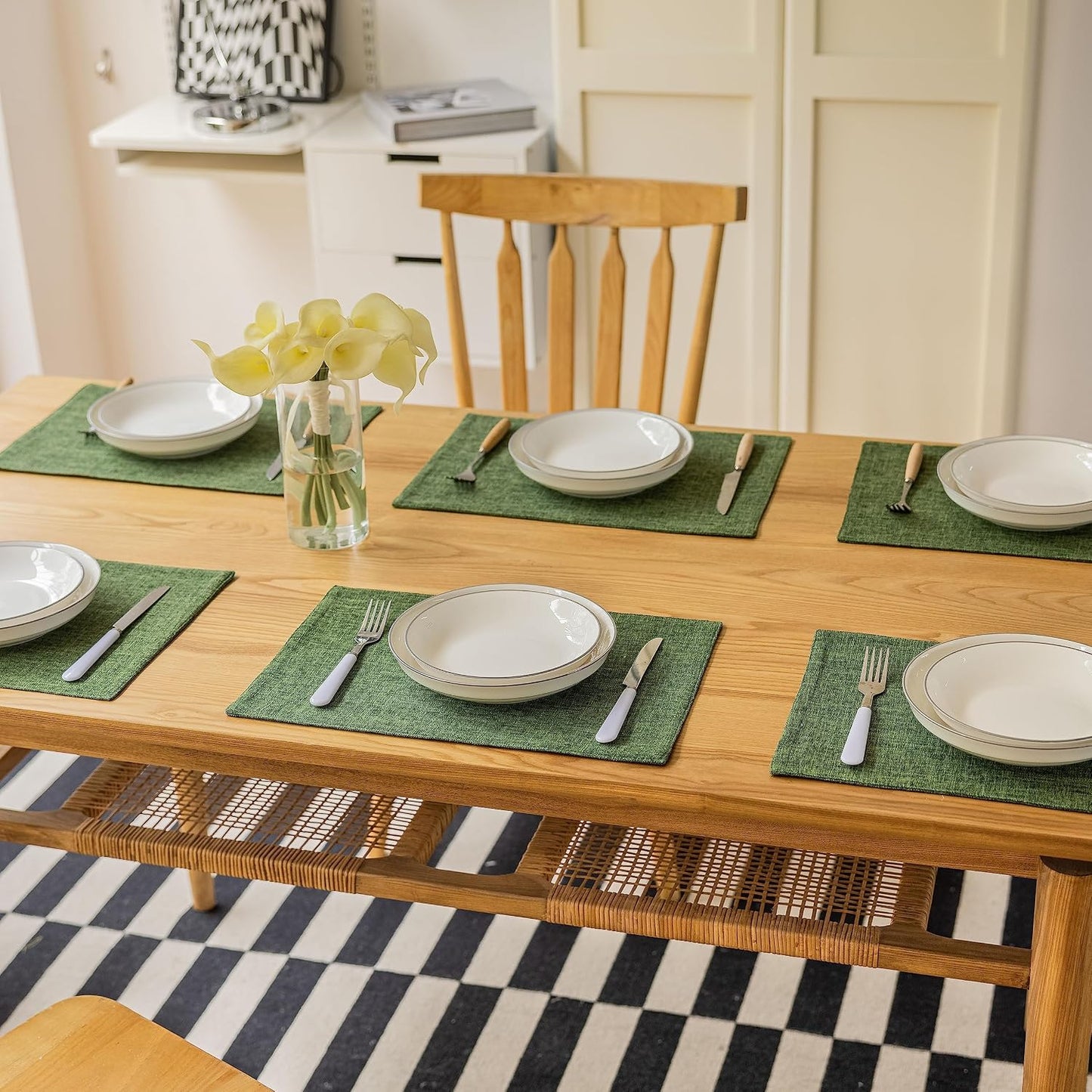 Demetex Dark Green Placemats Set of 8 Decorative Linen Textured Place Mats Heat Resistant Plate Table Mats for Summer
