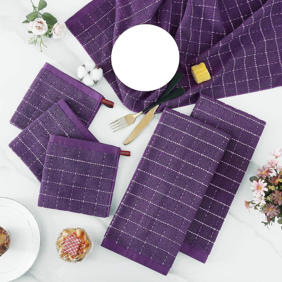 Homaxy Kitchen Towels and Dishcloths Set, Set of 16, Purple | Bulk Cotton Terry Kitchen Towels, Checkered Designed