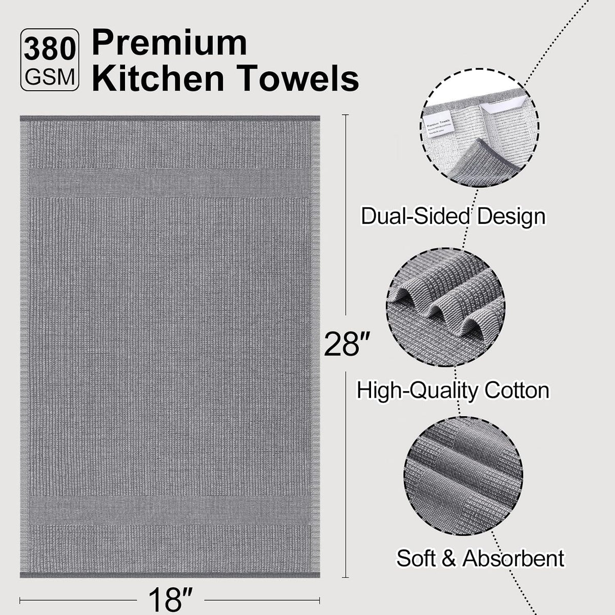 Mordimy Cotton Kitchen Towels (18"x 28", 12 Pack), Grey/Khaki/Black | 100% Ring Spun Cotton, Super Absorbent, 380 GSM