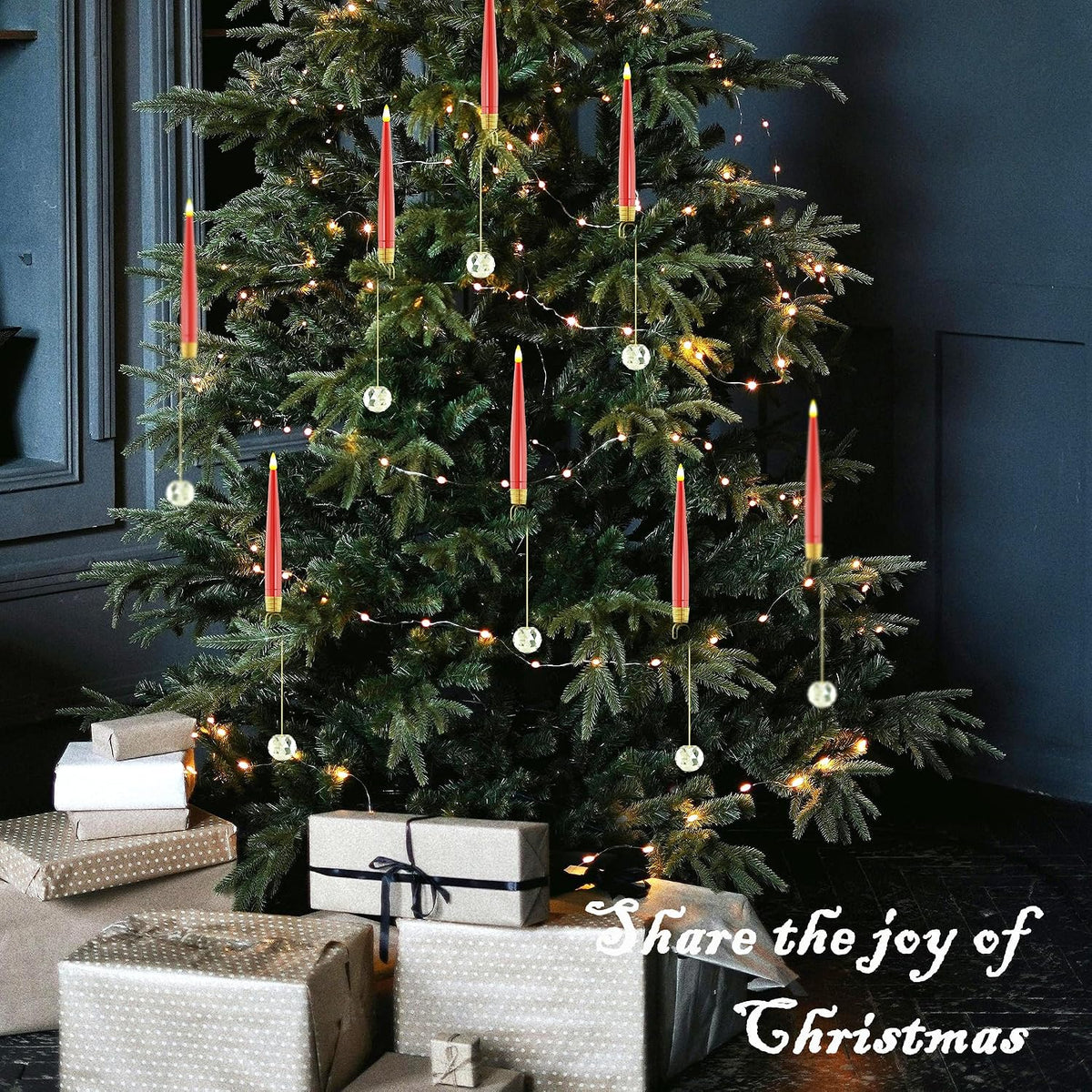 JOIONE Red Christmas Tree Candles, 12 Pcs Crystal Ball Tree Hanging Decor | Battery Operated, Remote Control, Crystal