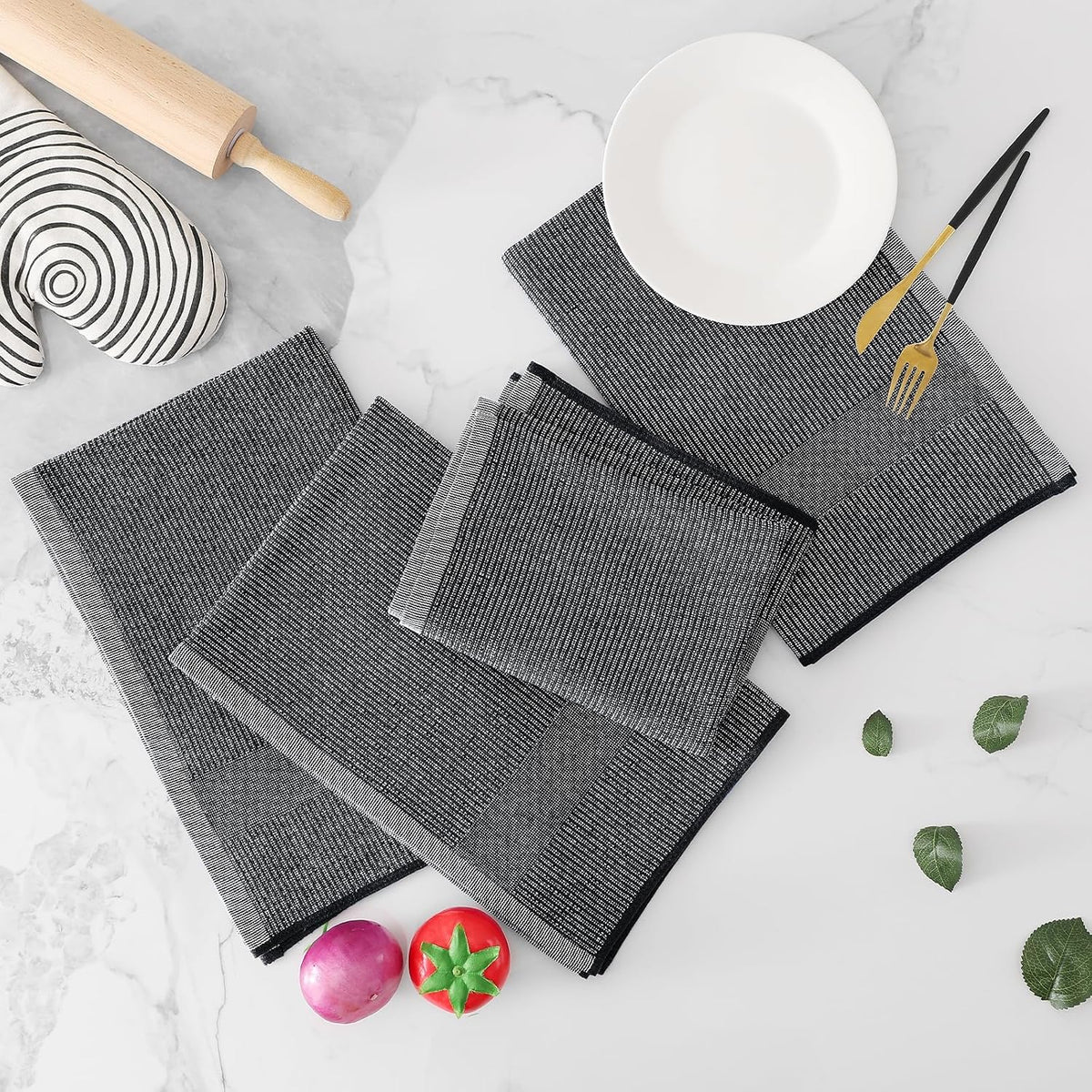 Homaxy 380 GSM Cotton Premium Kitchen Towels 8 Pack, 18"x 28", Black | Flat and Terry Dish Towels, Highly Absorbent Tea