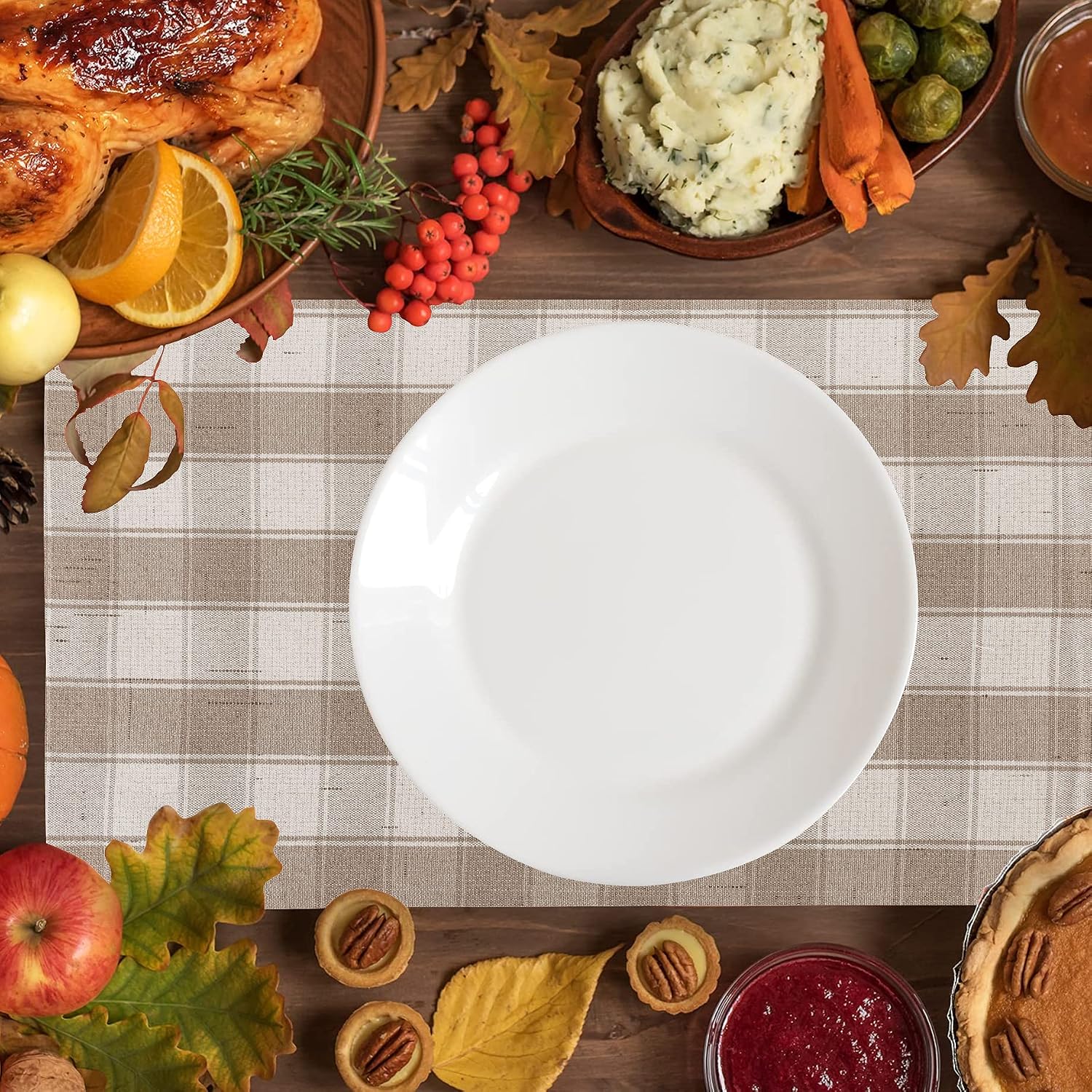 Home Brilliant Beige Placemats Set of 6 Farmhouse Buffalo Plaid Place Mats Machine Washable Dining Cloth Table Place
