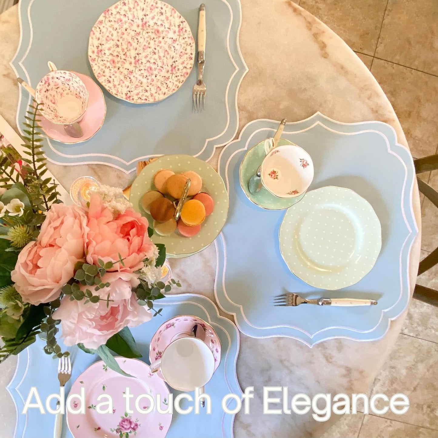 Cotton Linen Scalloped & Embroidered Placemats Set of 4, Light Blue | Bryonia Double Layered Machine Washable Cloth