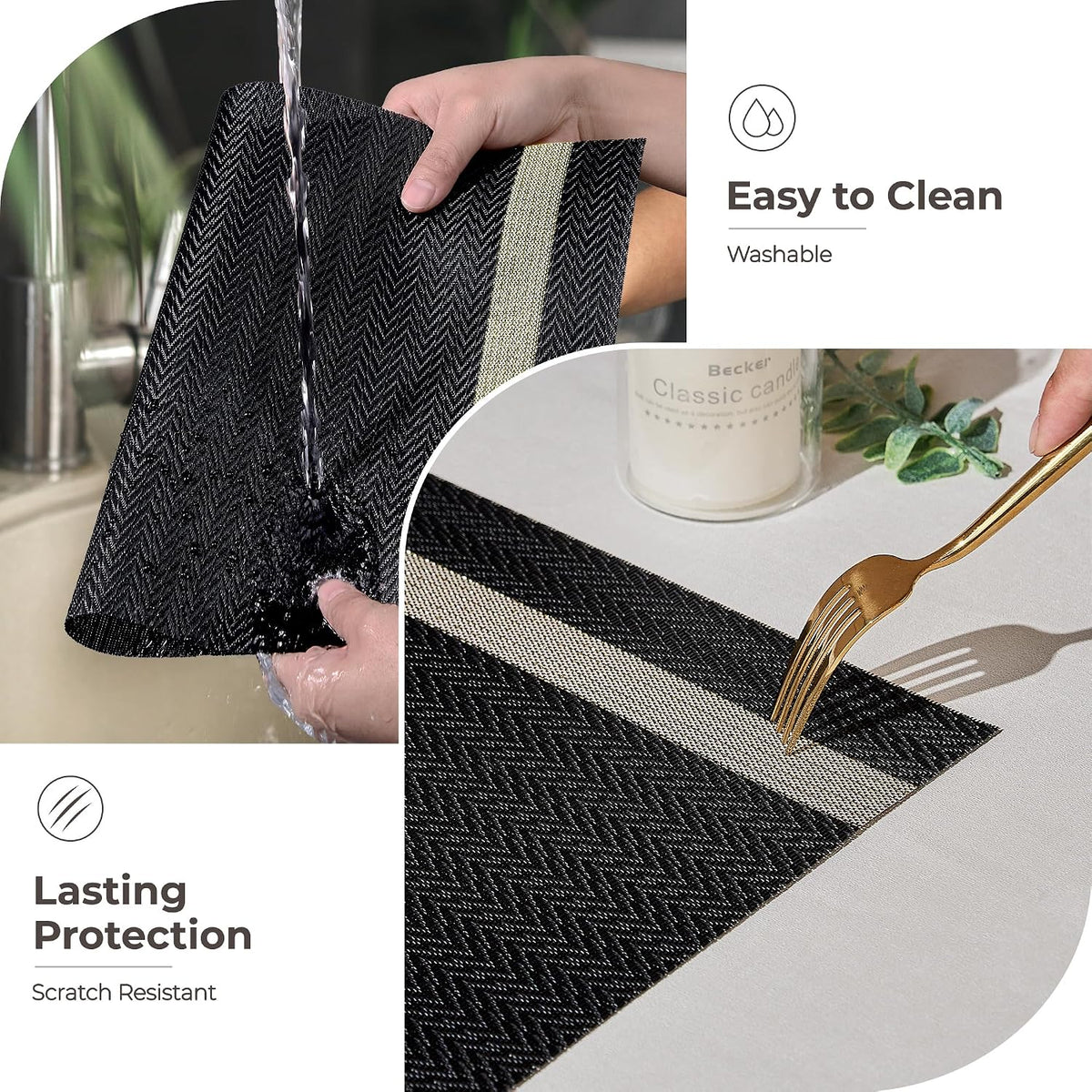 Leetaltree Woven Vinyl Placemats Set of 12,Black Striped | High Density，Stain Resistant, Easy to Clean, Washable Table