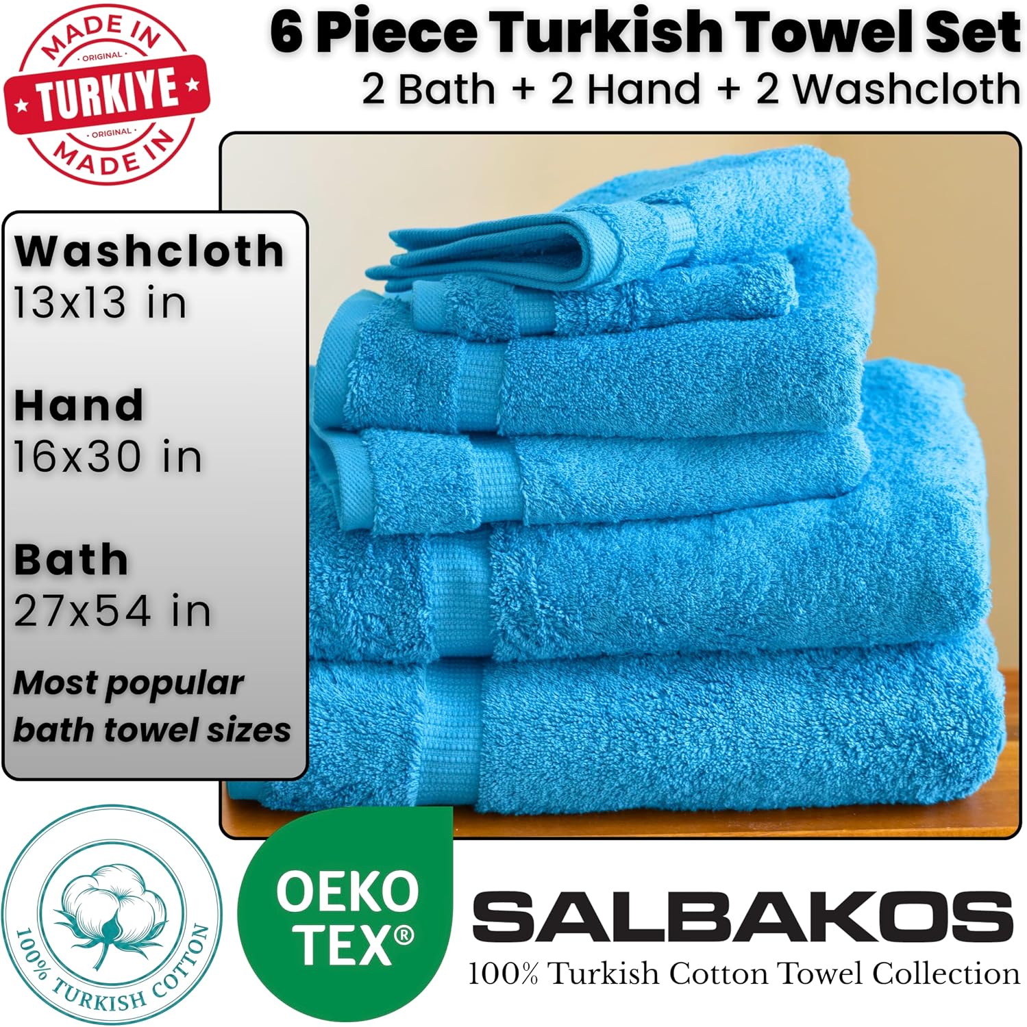 SALBAKOS 100% Turkish Cotton Bathroom Towel Set of 6-Piece, Aqua | 630 Gsm Thick Super Soft Highly Absorbent 2 Bath + 2
