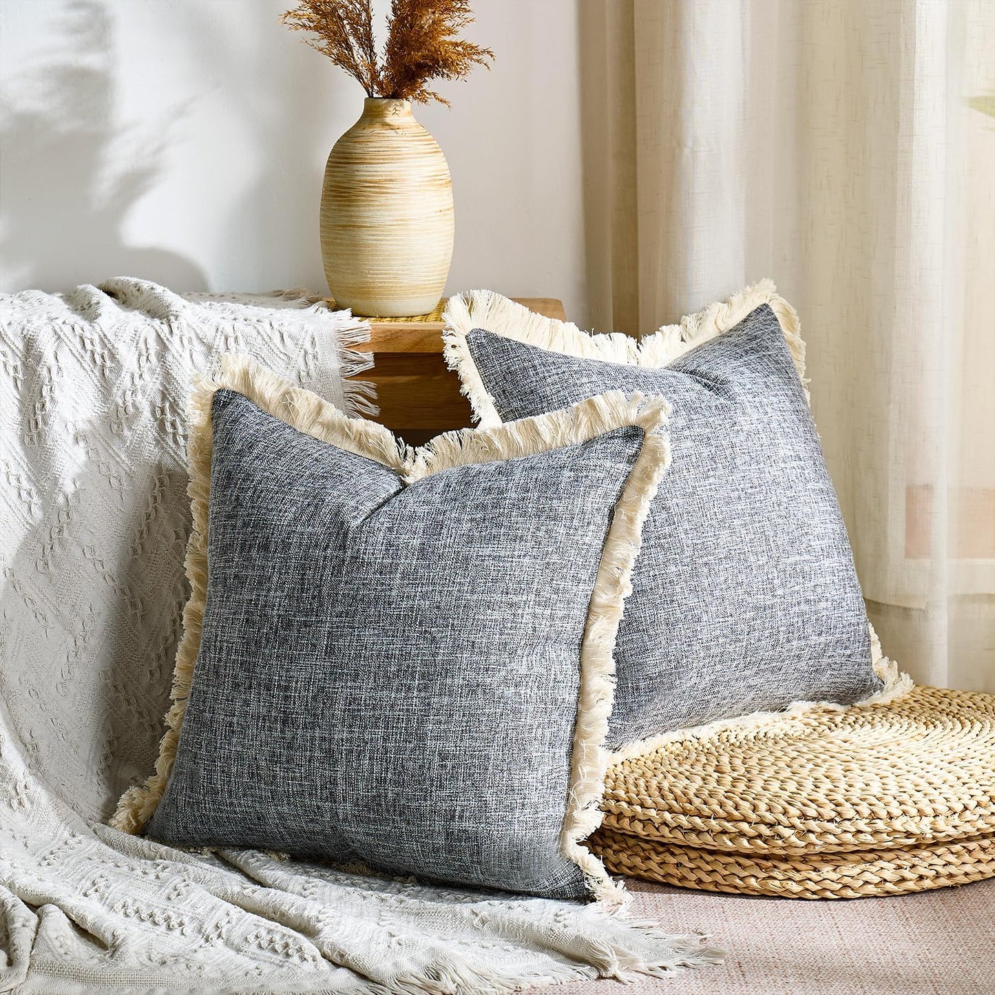 Farmhouse Throw Pillow Covers Fringe Pillow Cases Linen Burlap Boho / Dark Grey / 18 x 18 / Set of 2