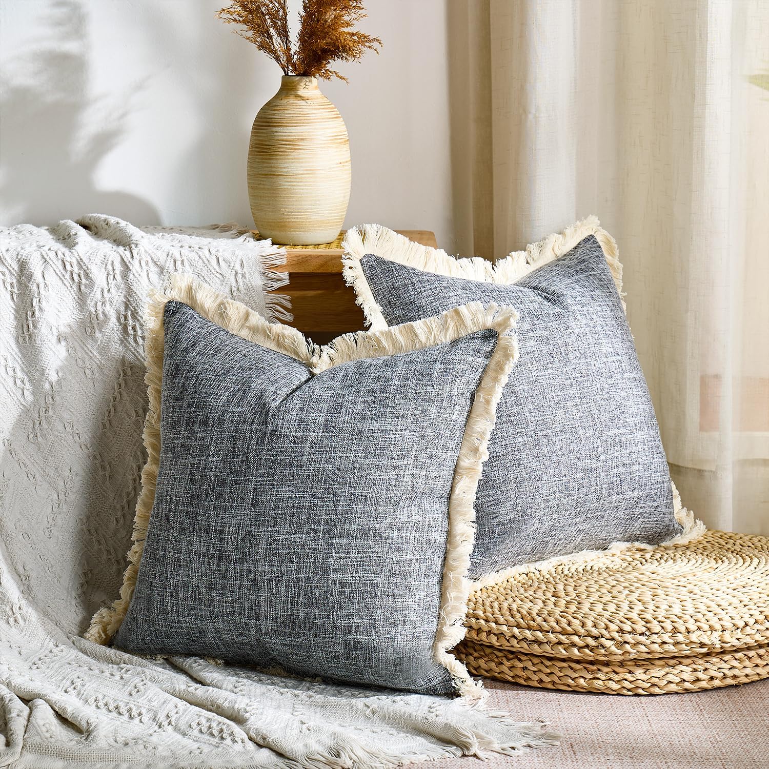 Farmhouse Throw Pillow Covers Fringe Pillow Cases Linen Burlap Boho / Dark Grey / 18 x 18 / Set of 2