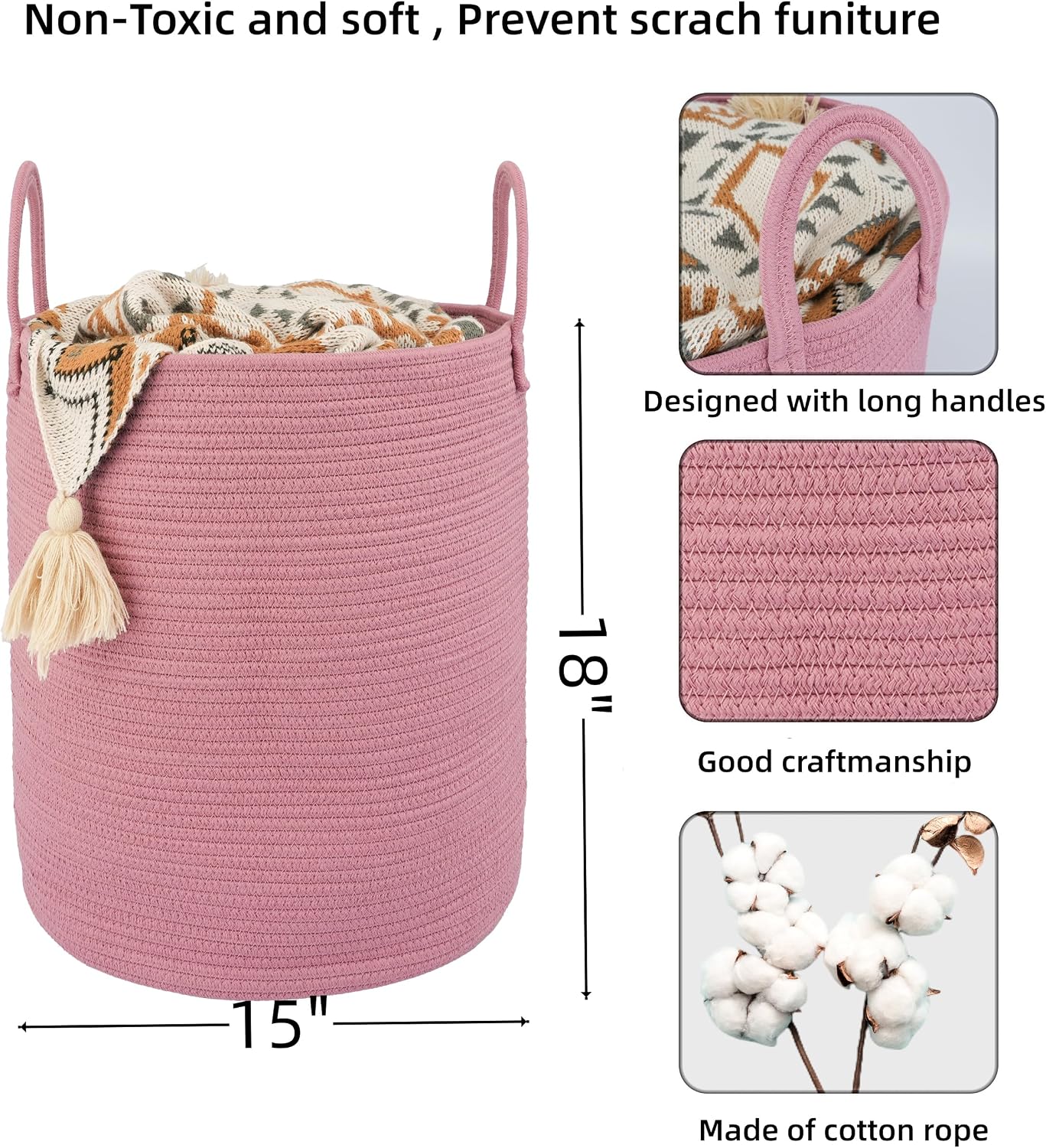 Cotton Rope Laundry Basket Hamper for Clothes Woven Storage Basket / Grape Purple / Regular