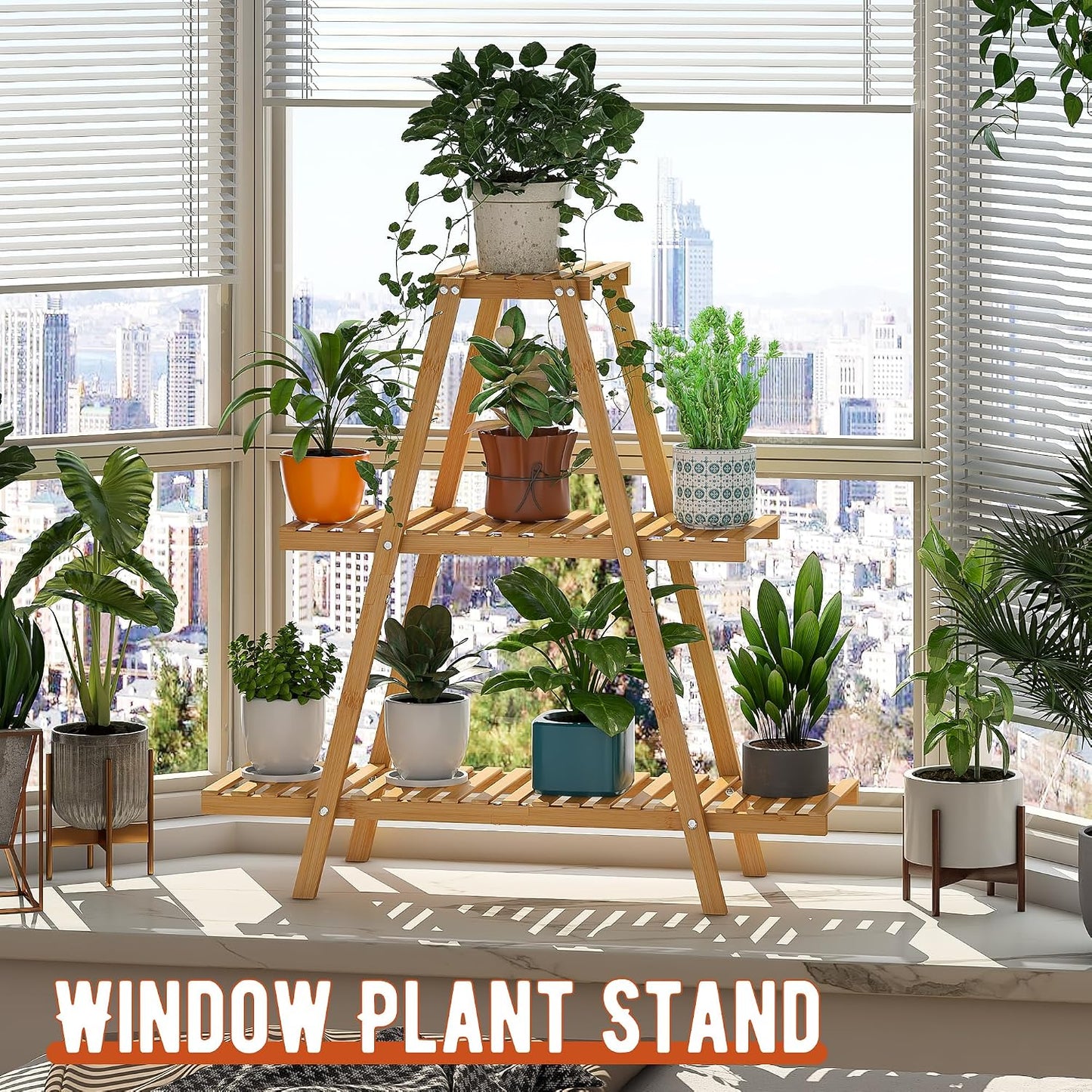 GHWIE Plant Stand Indoor Plant Shelf Outdoor bamboo Plant Rack, 3 Tiers Ladder Plant Holder Flower Stand for Living