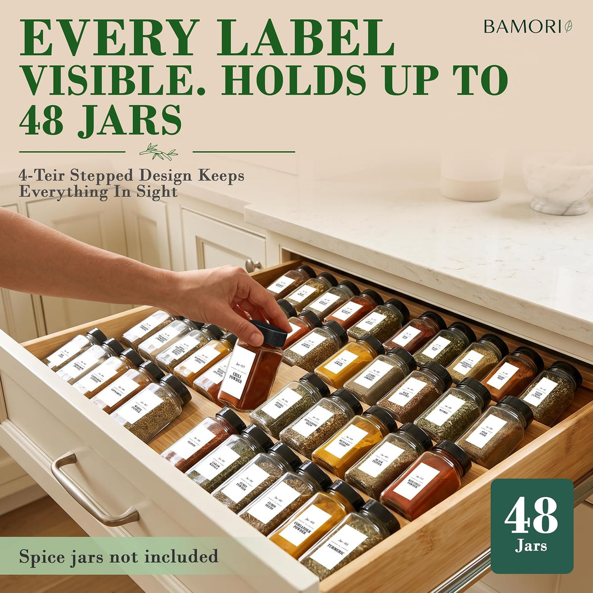 Bamboo Spice Drawer Organizer, Expandable 12 to 23 Inch Insert Holds 48 Jars, 4 Tier Seasoning Rack for Kitchen Drawer