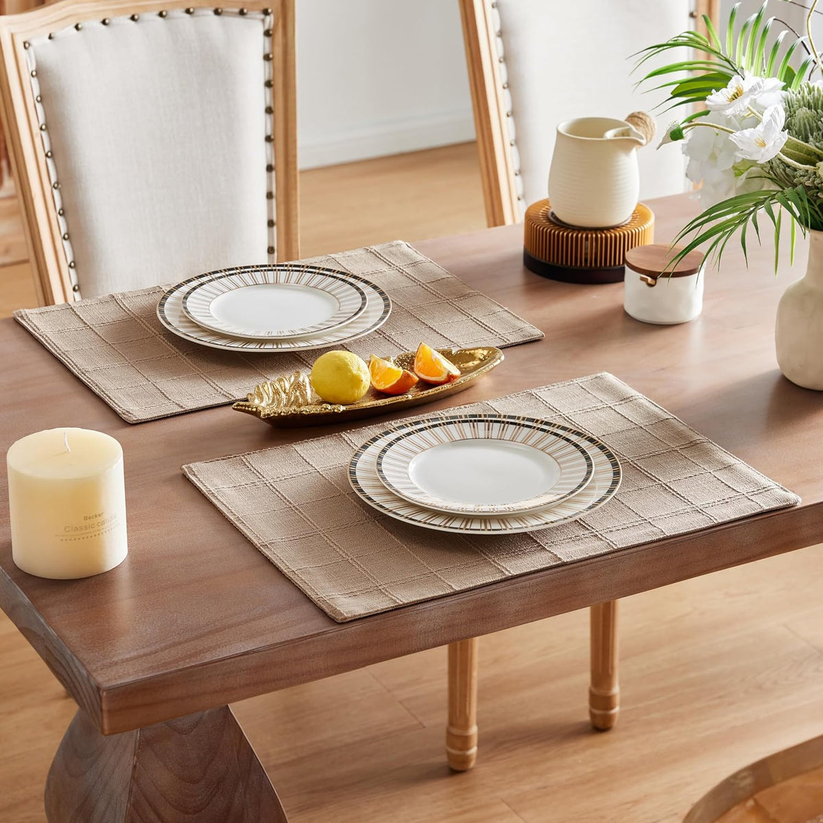 Linen Checked Farmhouse Placemats Set of 6, Taupe 13x19in | Double Layer, Reversible, Thick Textured Table Mats, Raised