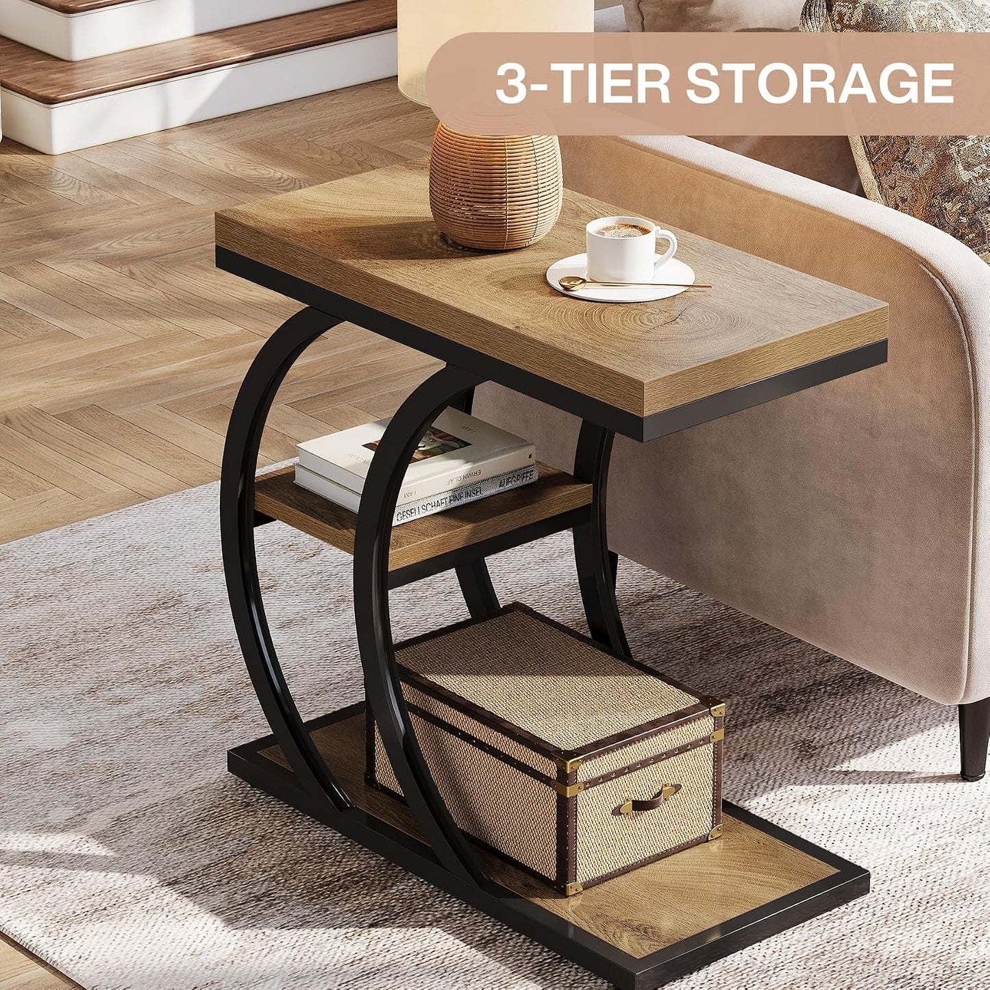 3-Tier Narrow Wood Couch C-Shaped Side Table