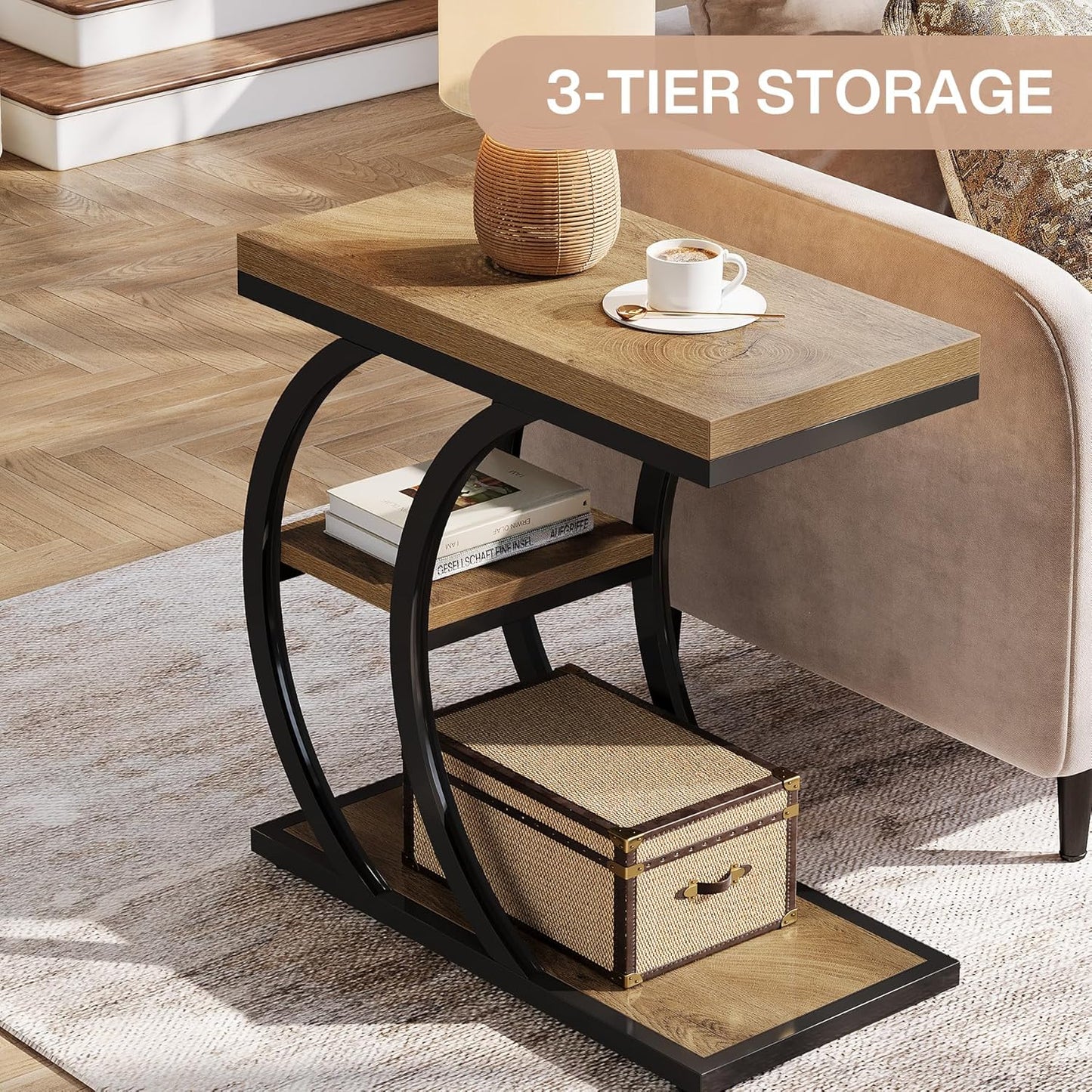 3-Tier Narrow Wood Couch C-Shaped Side Table / Set of 2