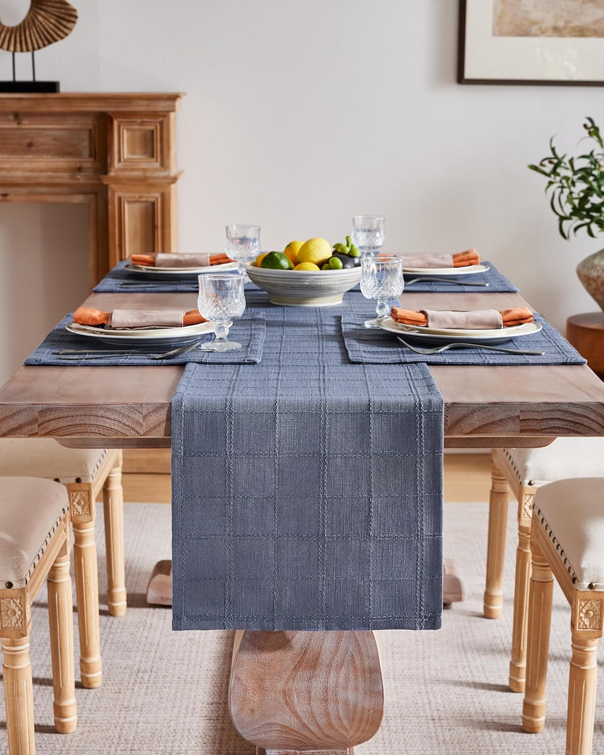 Linen Checked Farmhouse Placemats Set of 6, Blue 13x19in | Double Layer, Reversible, Thick Textured Table Mats, Raised