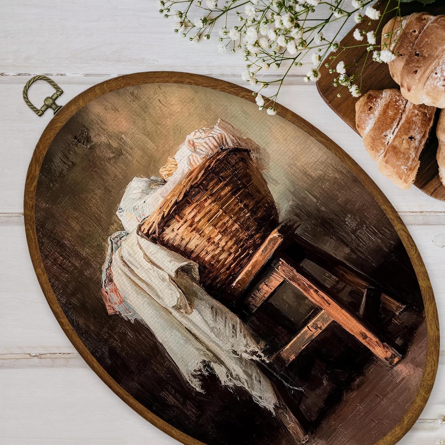 Farmhouse Woven Basket Laundry Oval Framed Canvas Art Prints / Color26