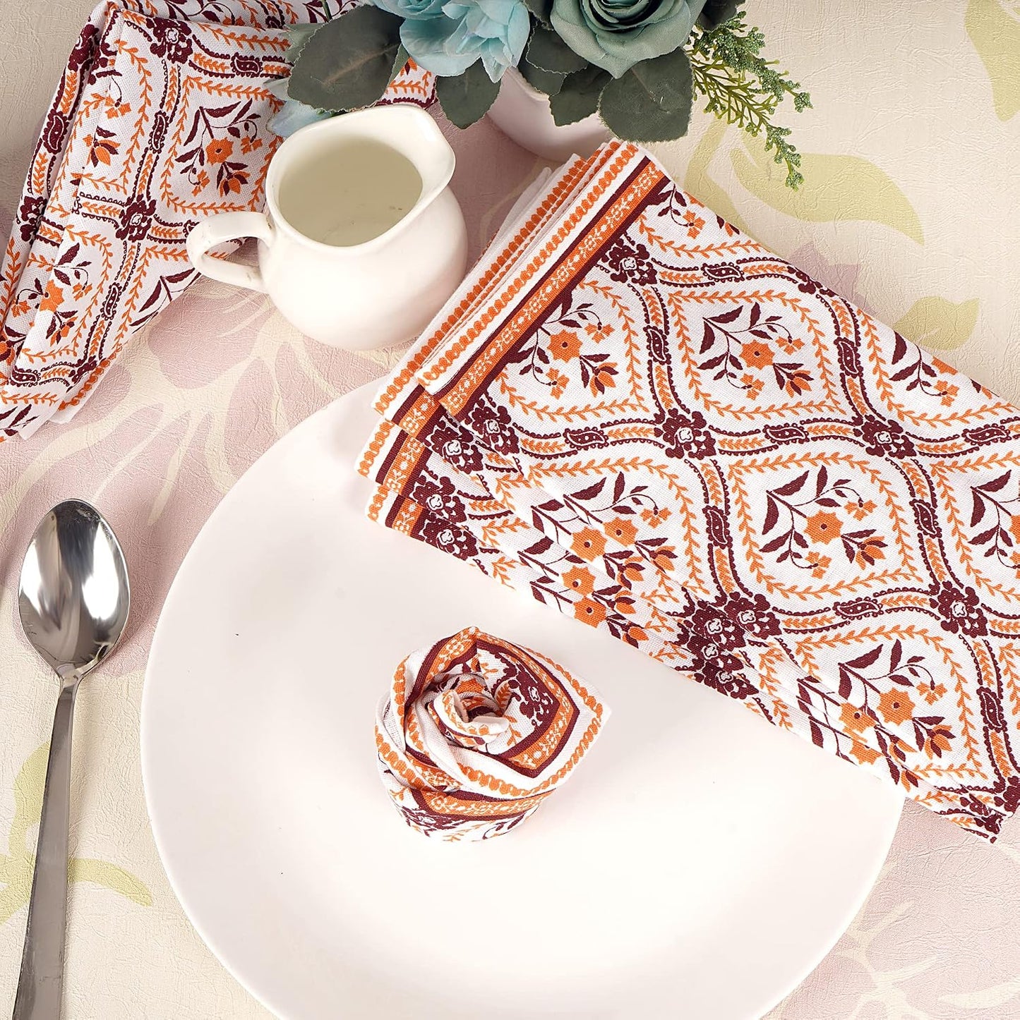 FINGERCRAFT Cloth Napkins Set of 12 Cotton Linen, 20x20 in, Damask Orange | Mitered corner, washable, soft, absorbent