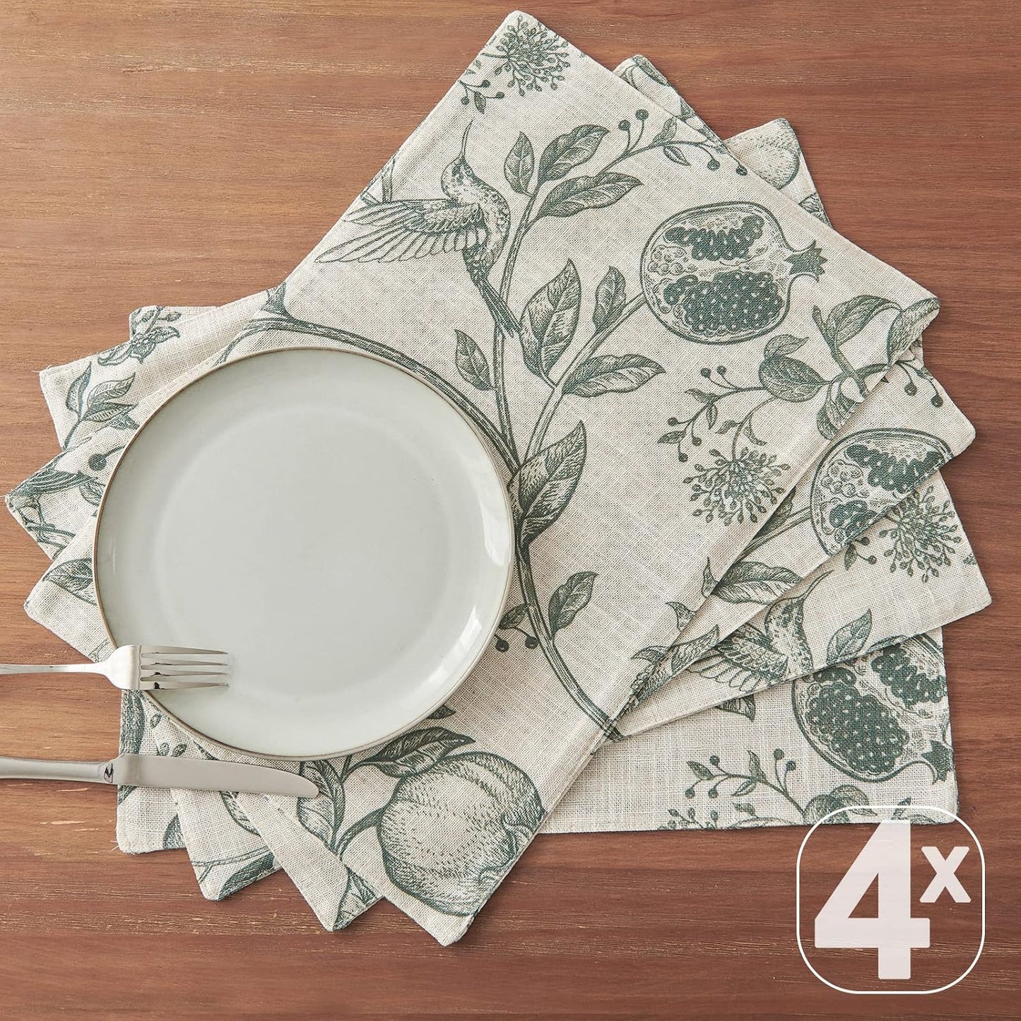 JINCHAN Linen Placemats Set of 4 Farmhouse Botanical Print 13x19 Dark Green | Fabric Placemats, Cottage Style