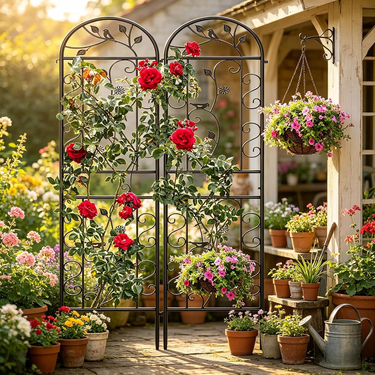 2-Pack 87" x 20" Daisy & Bird Arch Black Metal Garden Trellises | Set of 2 rust-resistant metal trellises with bird