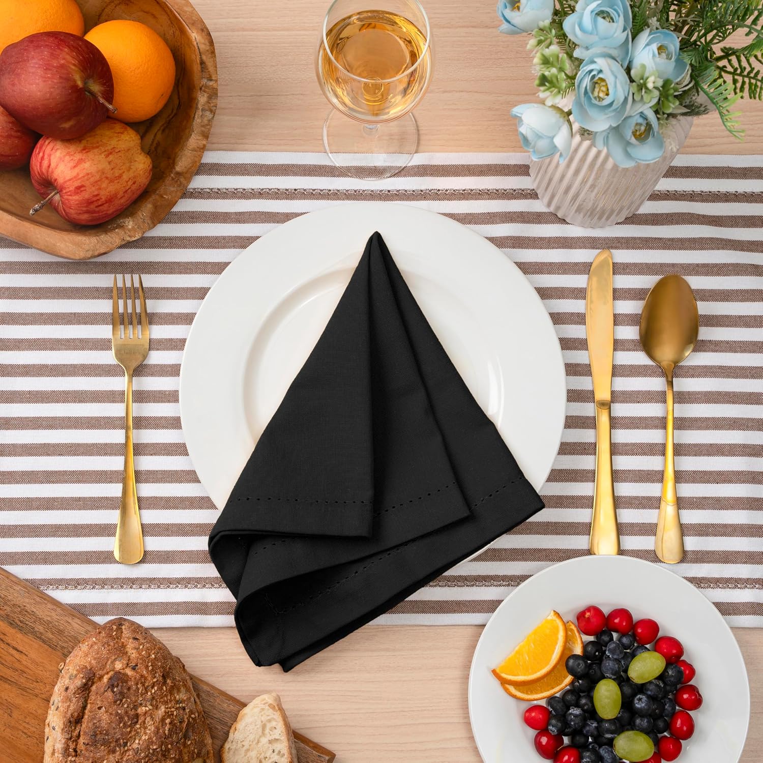 Blue Needles Set of 12 Hemstitch Linen Napkins 100% Cotton Black Cloth Dinner Napkins 18x18 inches, Soft, Reusable