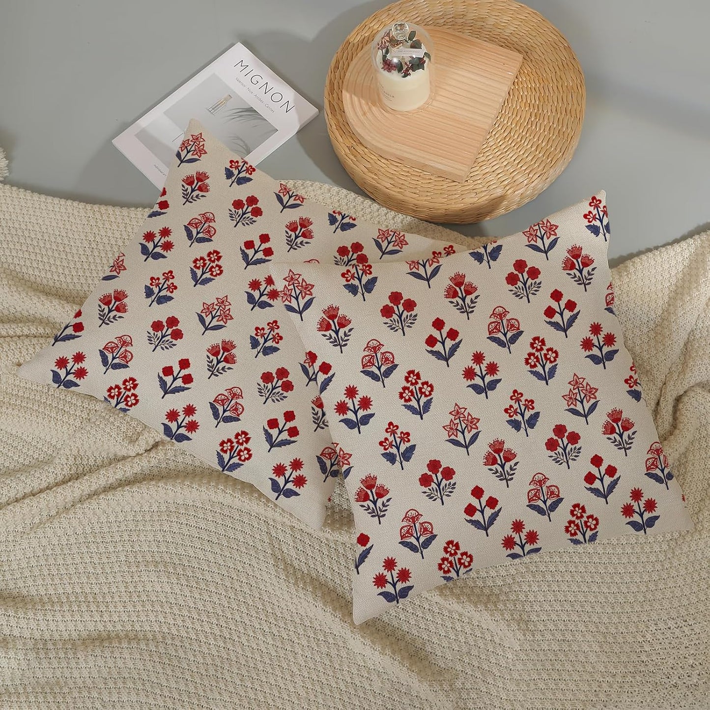 4th of July Pillow Covers Red Blue / 18 x 18 / 4th of July Red Blue Block Print Floral / Set of 2