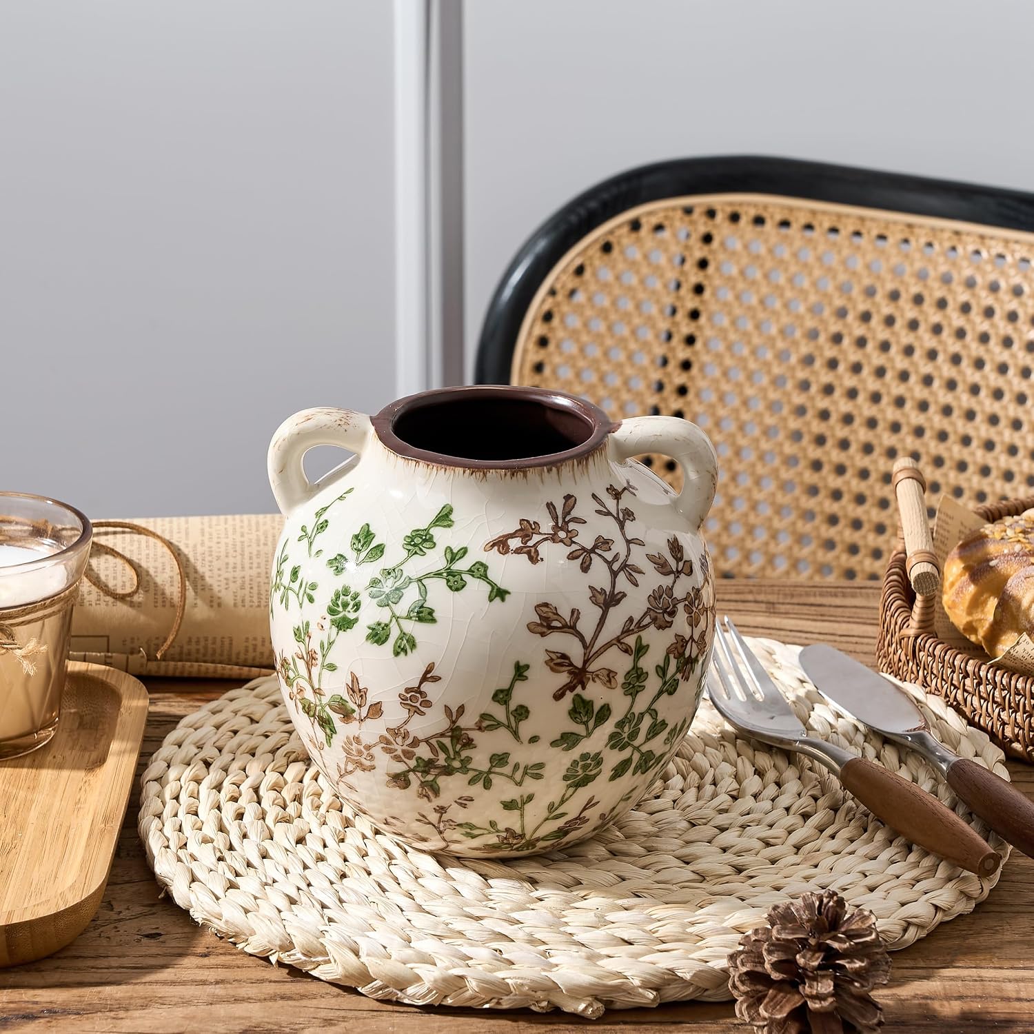 Rustic Ceramic Vase / Beige and Green- 5.6 / 5.6 Inch