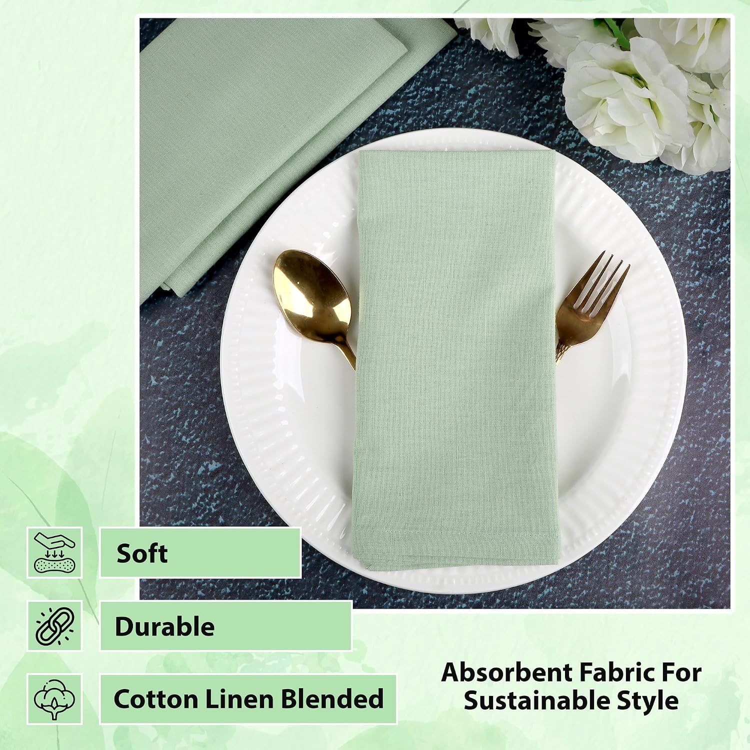 NATURALCRAFT Cloth Napkins Set of 12 Cotton Linen18x18 inch Sage | Washable Reusable Fabric Soft Durable Quality