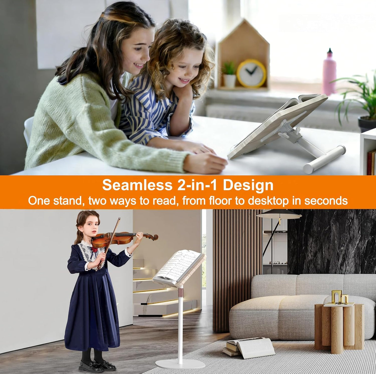 2-in-1 Floor Music Stand & Desktop Book Stand, 16.5"–51" Height Adjustable | Premium Wood Panel, Floor Reading Stand