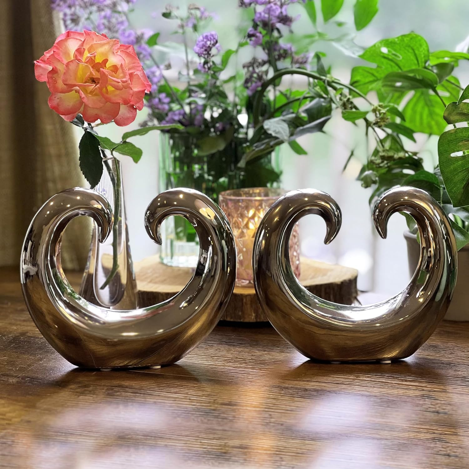 Titanium Glazed Ceramic / Curled Wave / Silver / Set of 2