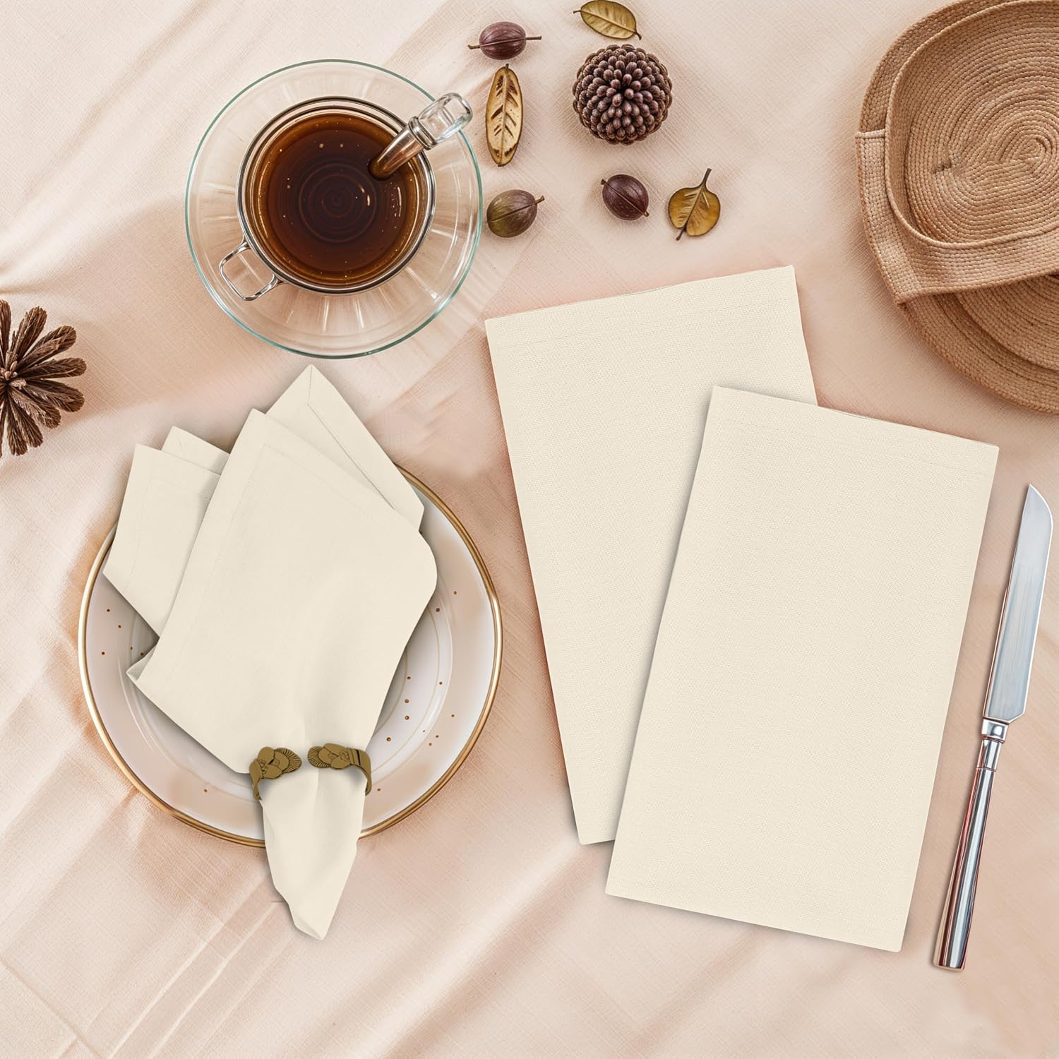 Ruvanti Cloth Napkins Set of 12, 100% Cotton 18”x18” - Antique White | Washable, Soft, Durable & Absorbent Everyday