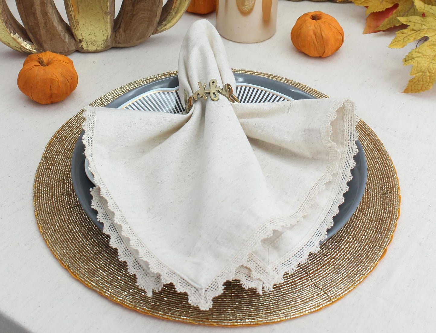 COTTON CRAFT Flax Linen Cloth Napkins with Lace - Set of 12 Dinner Napkins | Oversized 20x20 inch Natural Washable