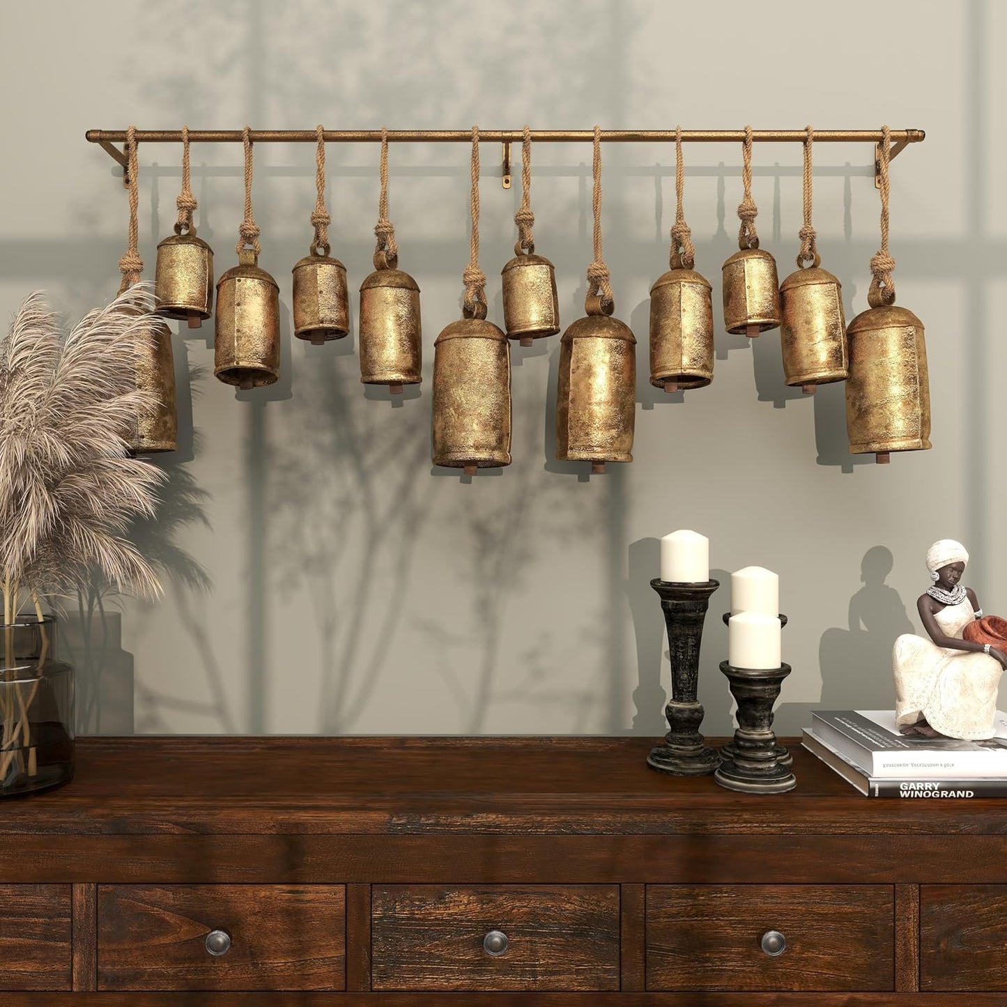Deco 79 Metal Decorative Cow Bells Tibetan Inspired with 12 Bells on Jute Hanging Ropes and Rod, 48" x 6" x 20", Gold