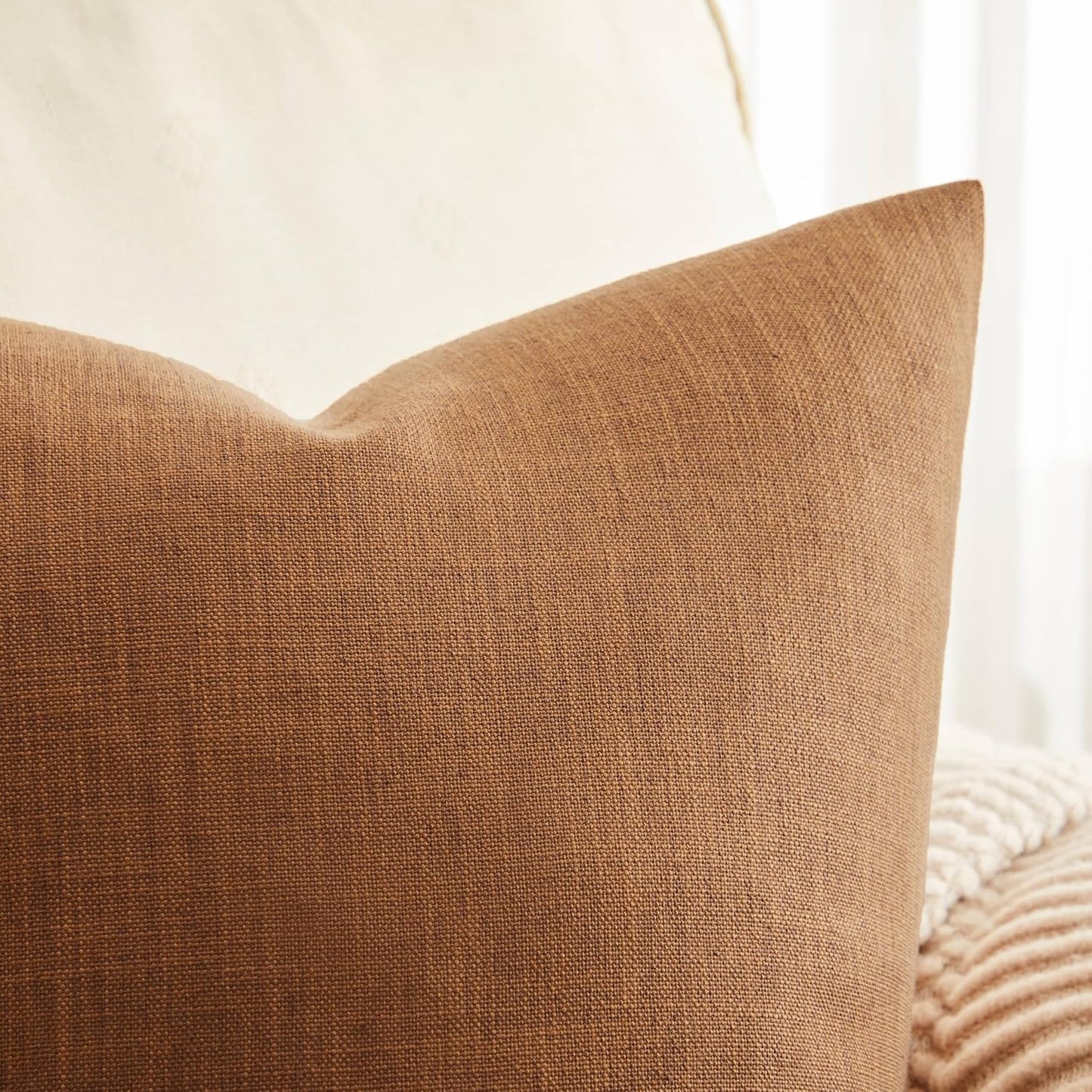 Rustic Cotton Linen Throw Pillow Covers / Caramel / 16 x 16 / Set of 2