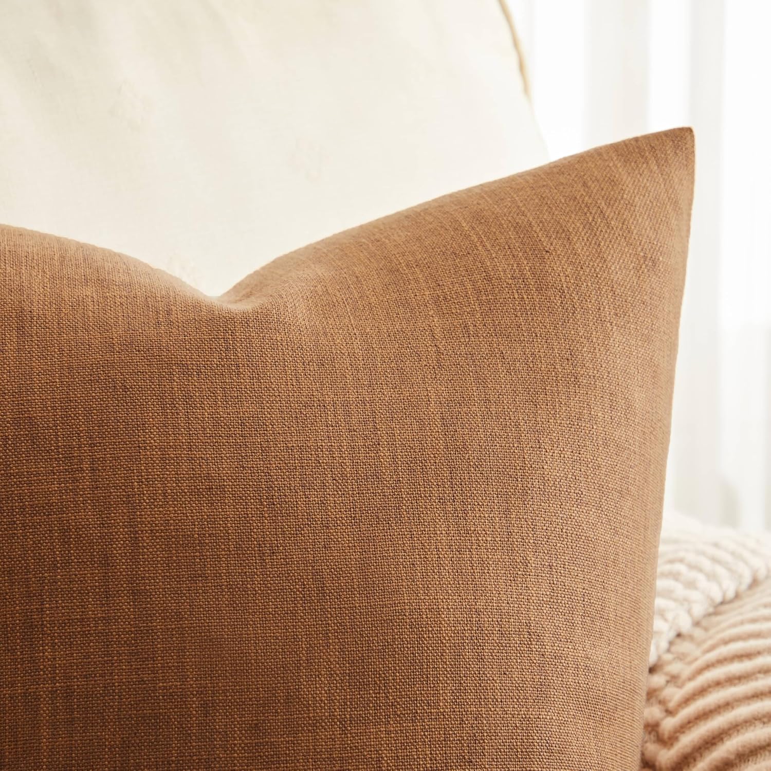 Rustic Cotton Linen Throw Pillow Covers / Caramel / 16 x 16 / Set of 2