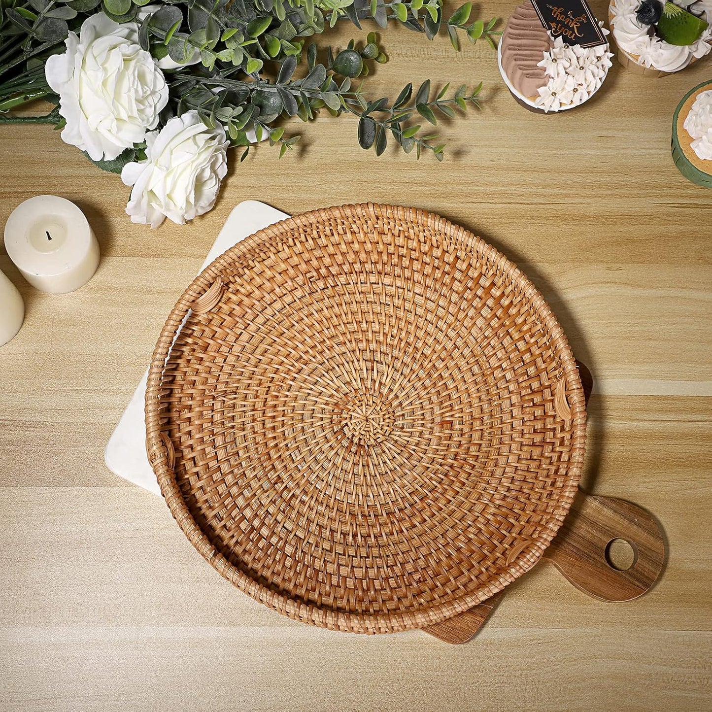10" Round Rattan Serving Tray / Natural / Set of 10