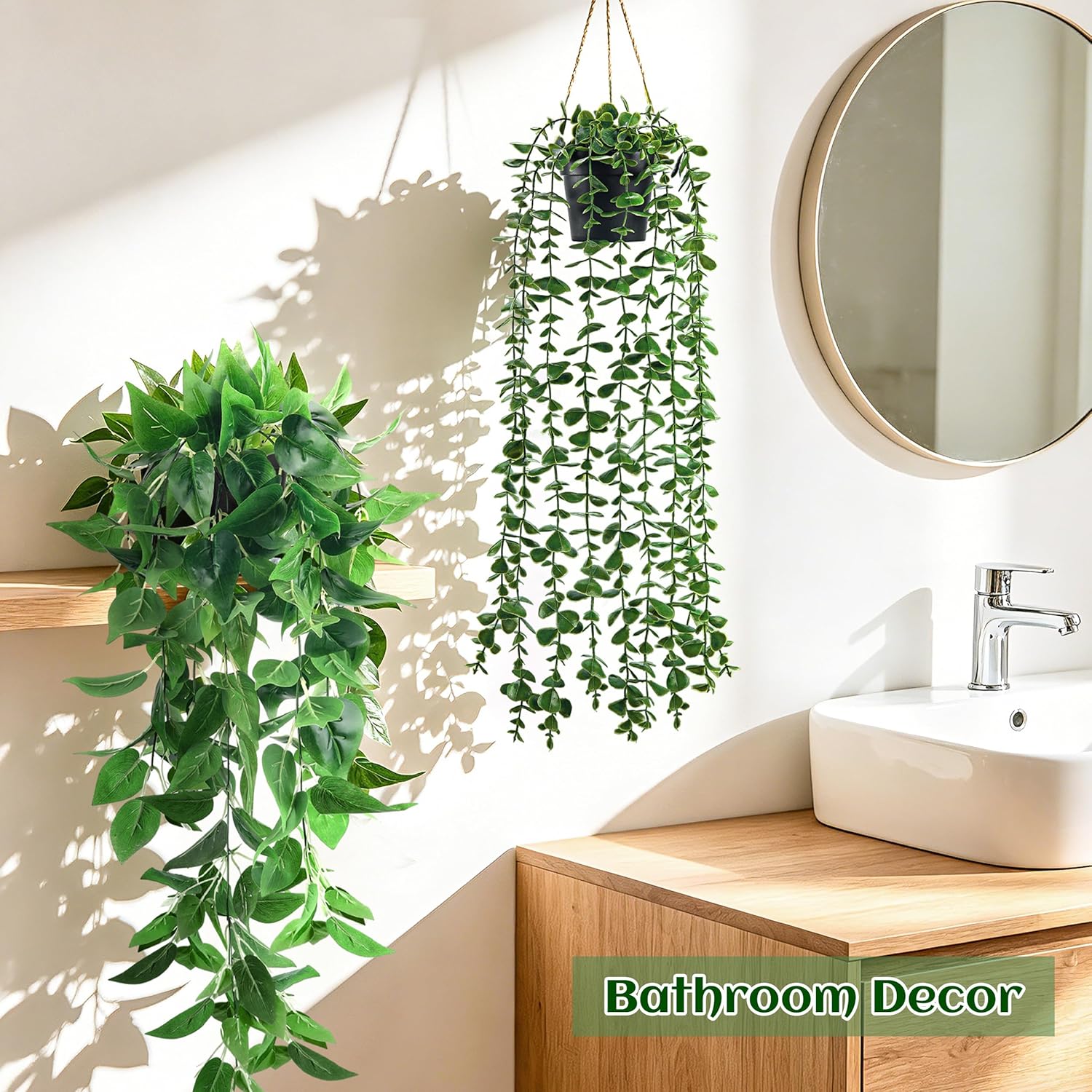 Fake Plants Hanging Artificial Ivy Vine Faux Eucalyptus Hanging / Black Pots- Green / Set of 4