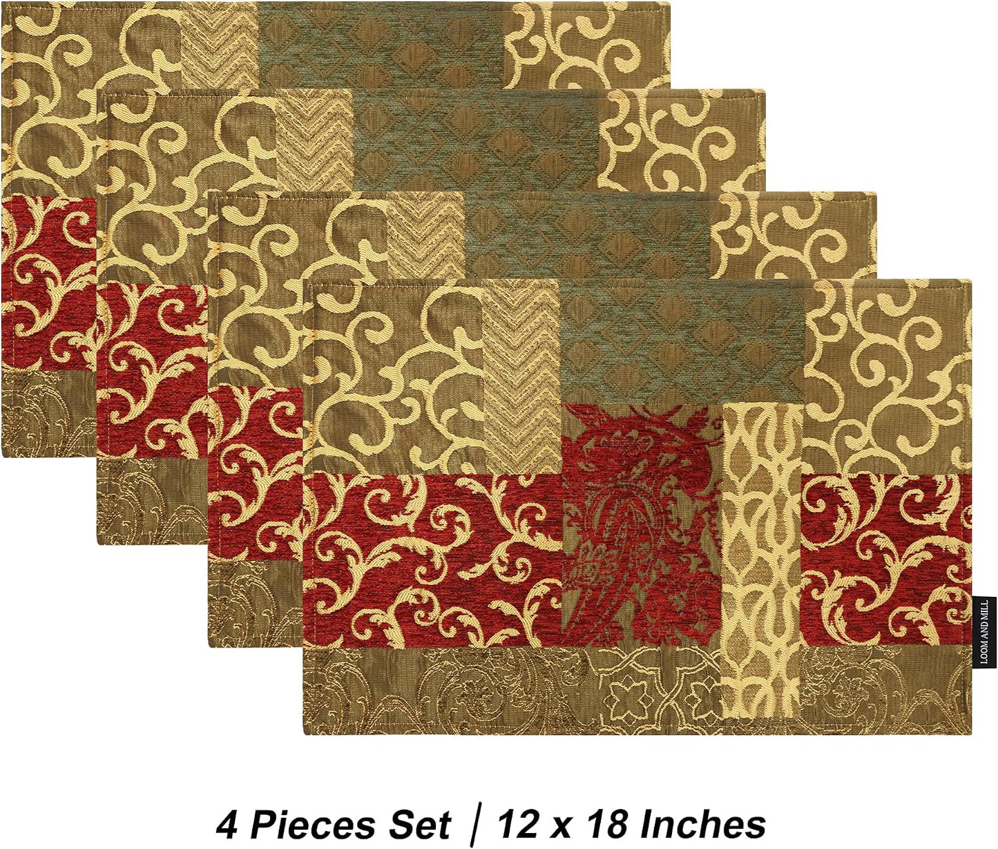Loom and Mill Damask Patchwork Table Placemats Set of 4, Red Gold, 12x18in | Chenille Jacquard Fabric, Double Layer