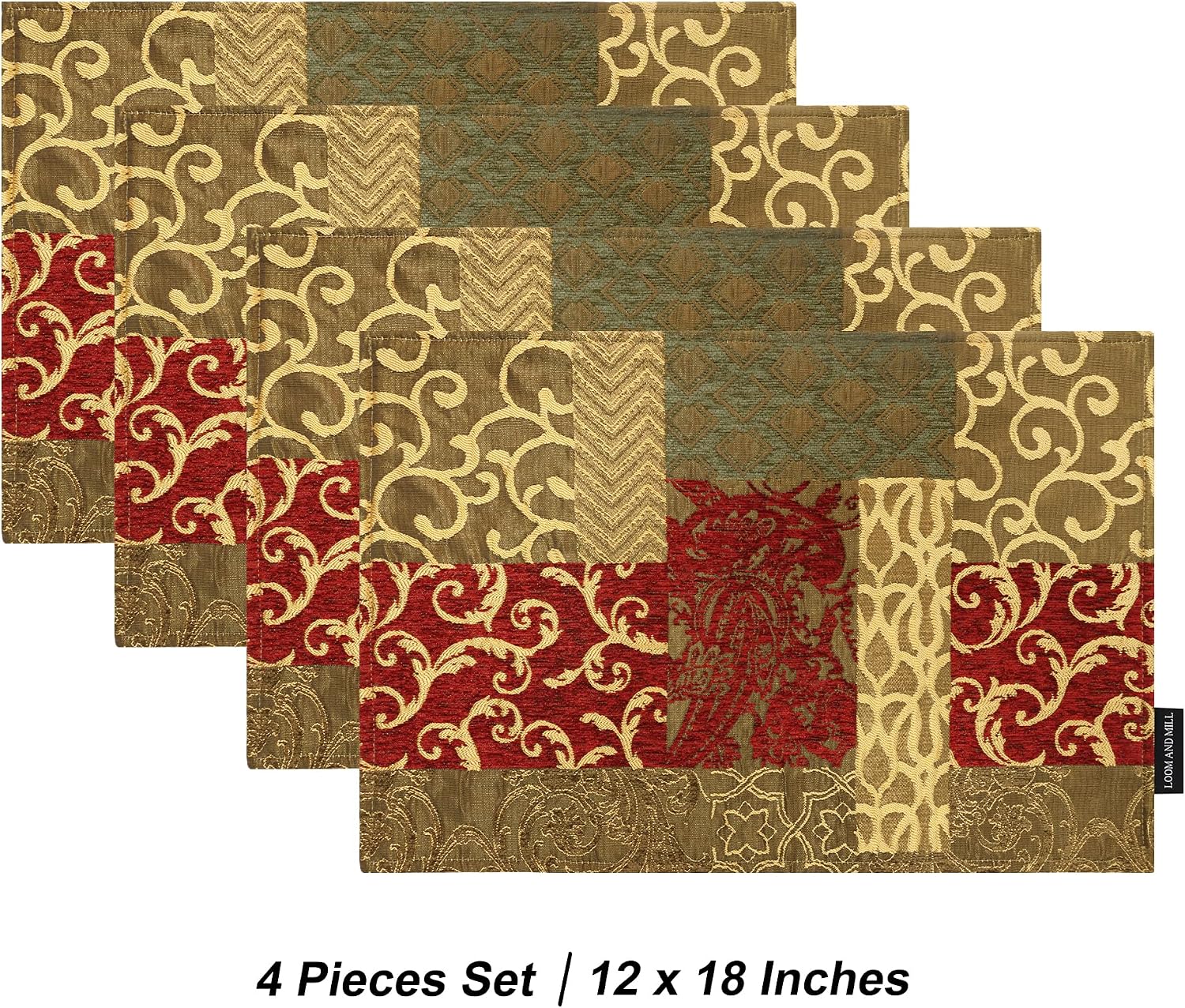 Loom and Mill Damask Patchwork Table Placemats Set of 4, Red Gold, 12x18in | Chenille Jacquard Fabric, Double Layer