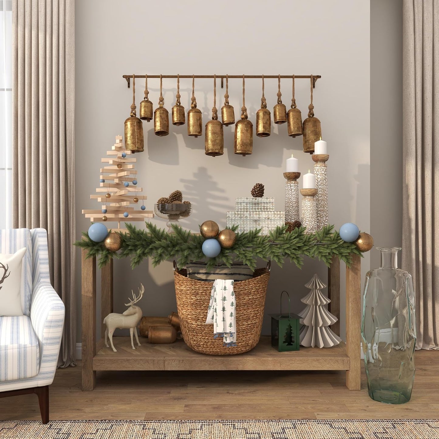 Deco 79 Metal Decorative Cow Bells Tibetan Inspired with 12 Bells on Jute Hanging Ropes and Rod, 48" x 6" x 20", Gold