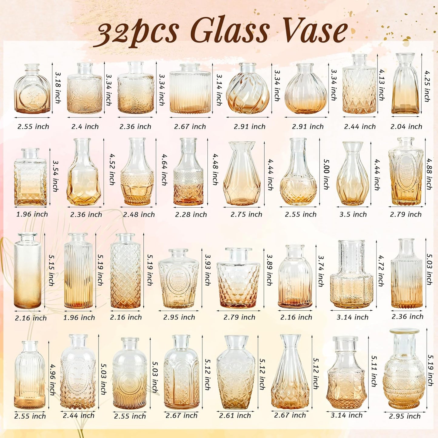 Glass Bud Vases Small Flower Vases for Rustic Wedding Centerpieces Table / Amber / Set of 32