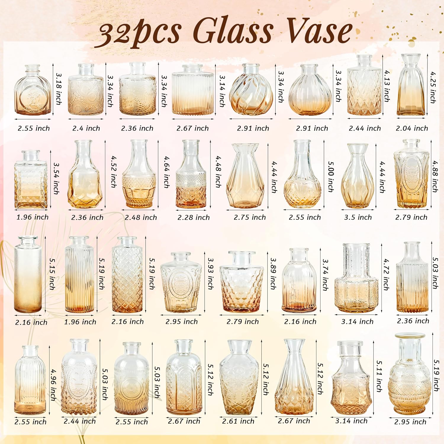 Glass Bud Vases Small Flower Vases for Rustic Wedding Centerpieces Table / Amber / Set of 32