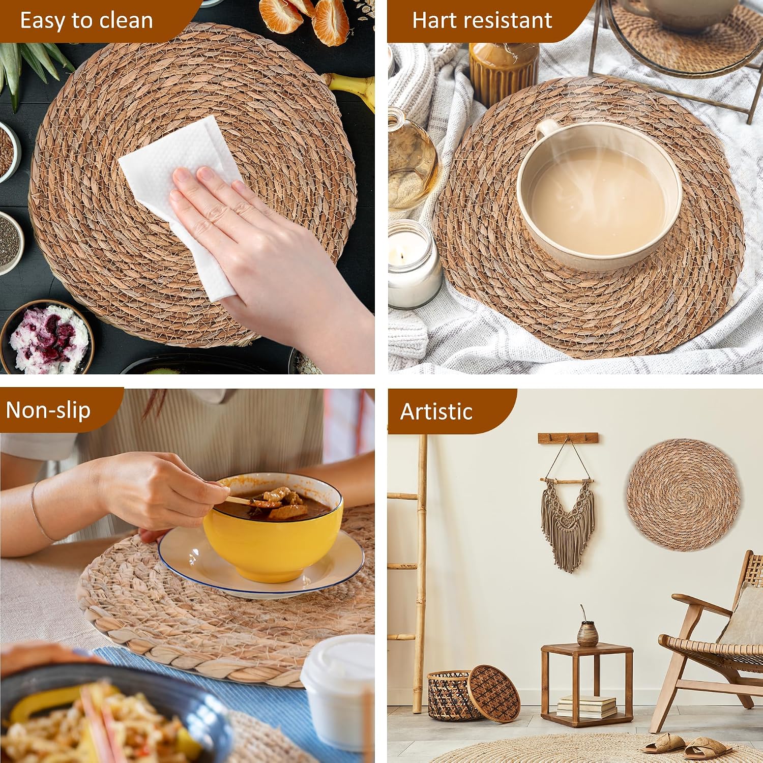 Defined Deco Woven Placemats Set of 10,12" Round Rattan Placemats,Natural Hand-Woven Water Hyacinth Placemats,Farmhouse