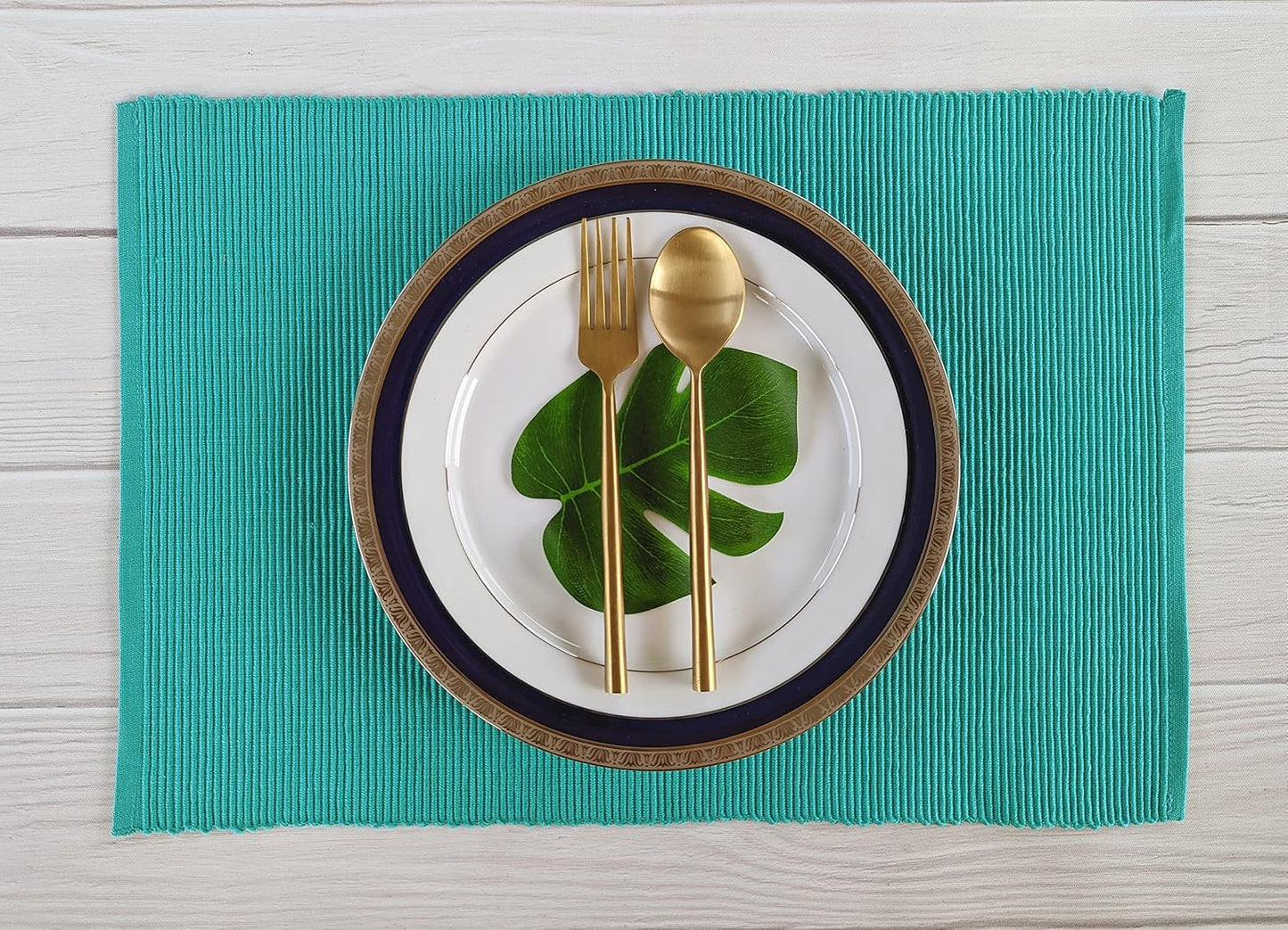 100% Cotton Ribbed Placemats - Set of 8-13 x 19 Inches - Turquoise Blue - Everyday Cloth Table Mats - Thick