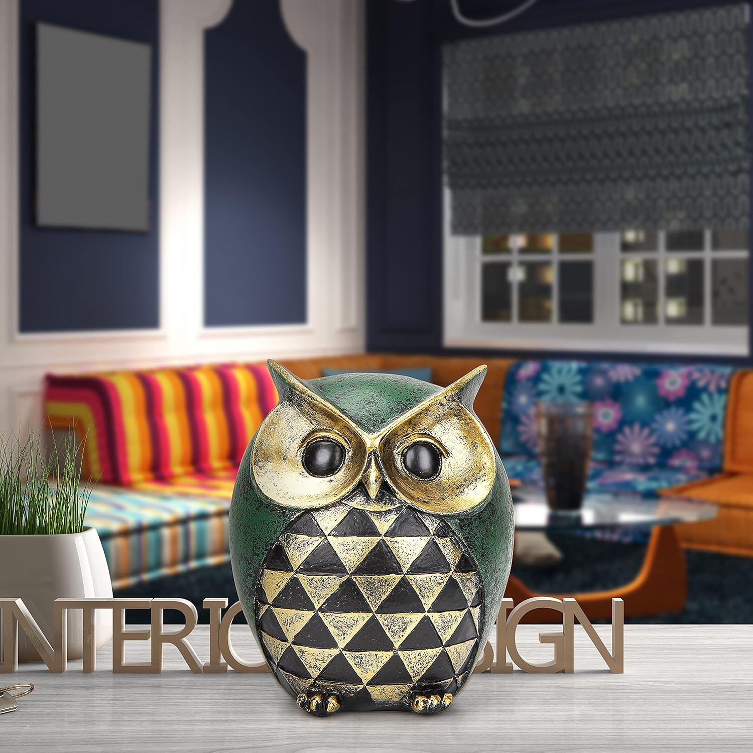 Owl Statue / Owl Decor for Modern Bathroom Bookshelf Bedroom Mantle Living Room Home / Green
