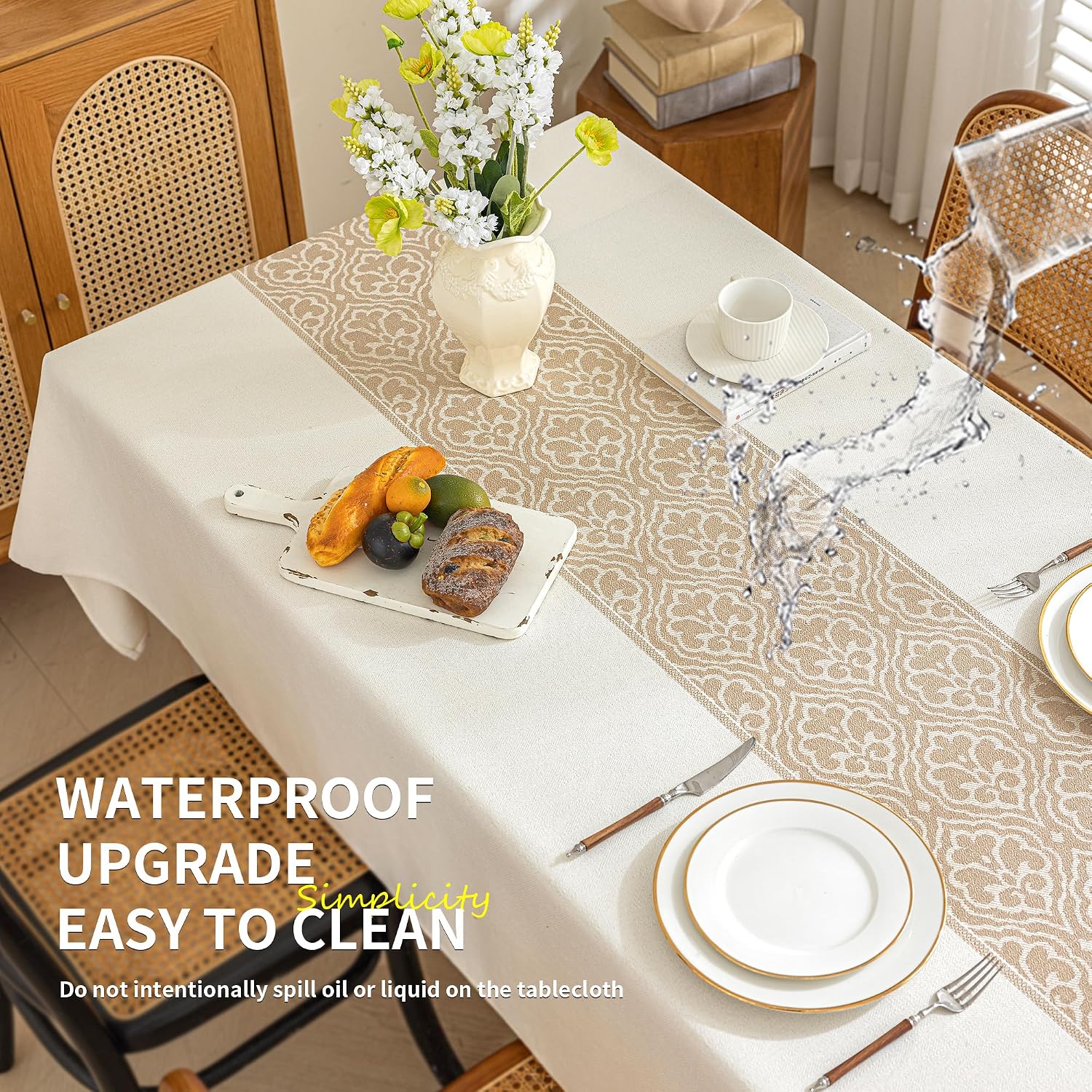 Nordic Beige Rectangular Tablecloth, Premium Drape | Water & Stain Resistant, Elegant Rectangle Table Cover for Dining