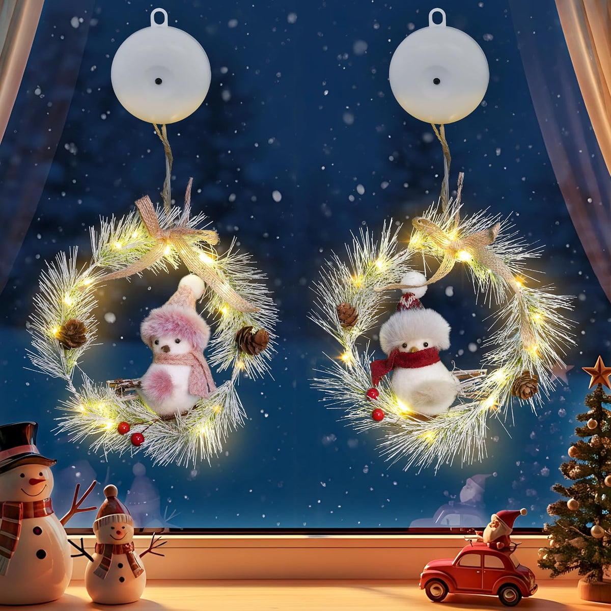 suddus Christmas Window Lights with Suction Cup, 2Pcs Wreath String Lights