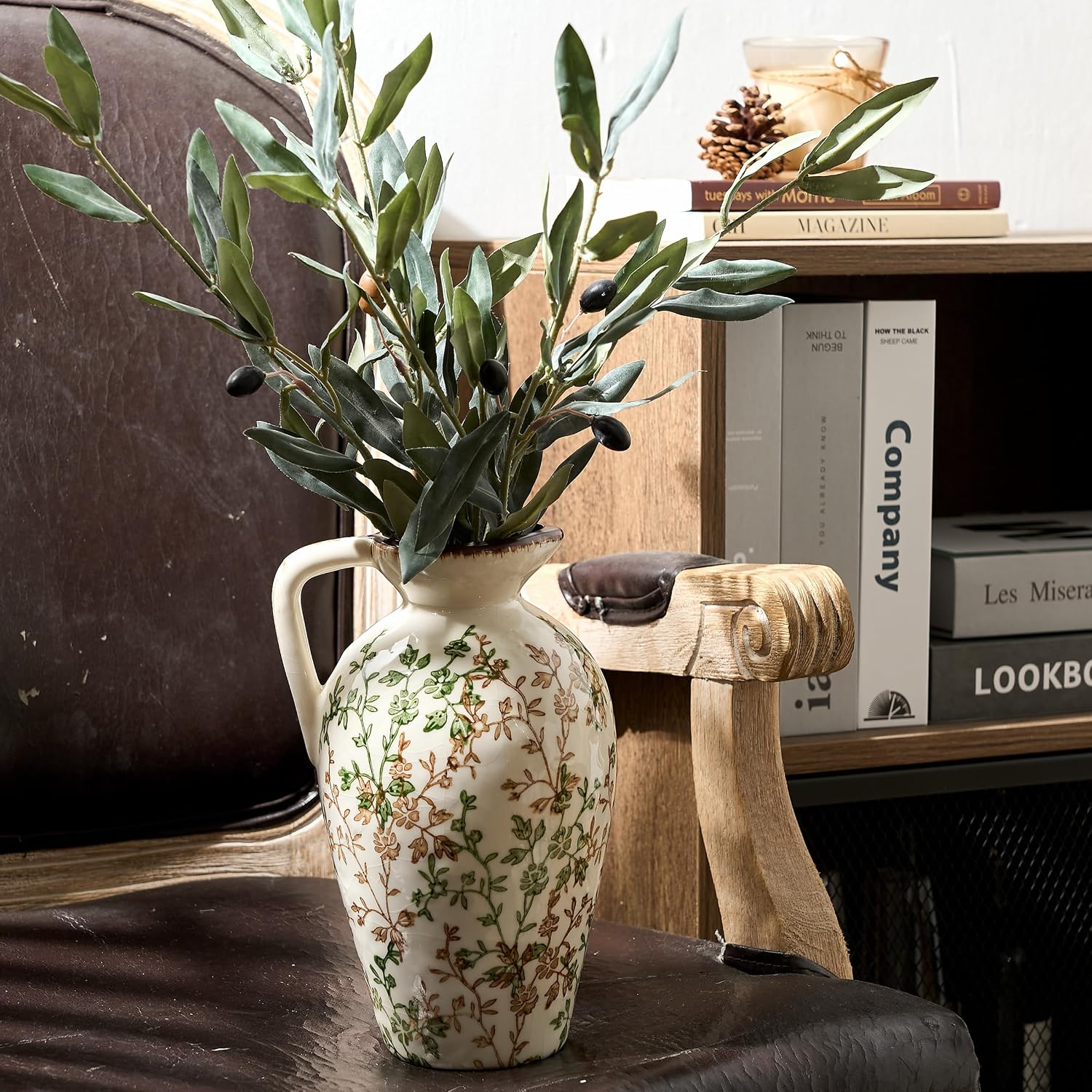 Rustic Ceramic Vase / Green and Beige- 8.9 / 8.9 Inch