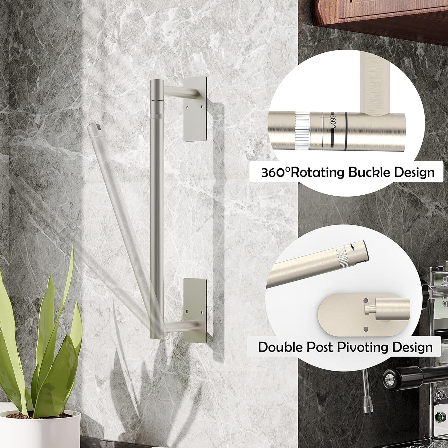RUACQ Paper Towel Holder Under Cabinet, Stainless Steel, Silver | Drill Wall Mount or Adhesive, Round Base, Dual-Column