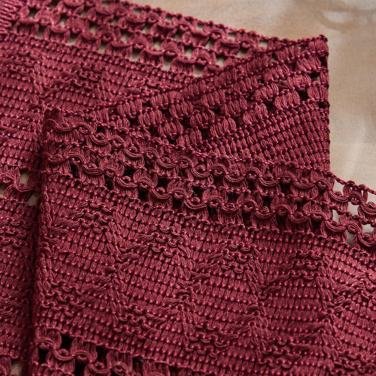 Macrame Style Boho Placemats Set of 6, Burgundy 12x20 Inch | Decorative Farmhouse Table Mats, Natural Cotton Woven